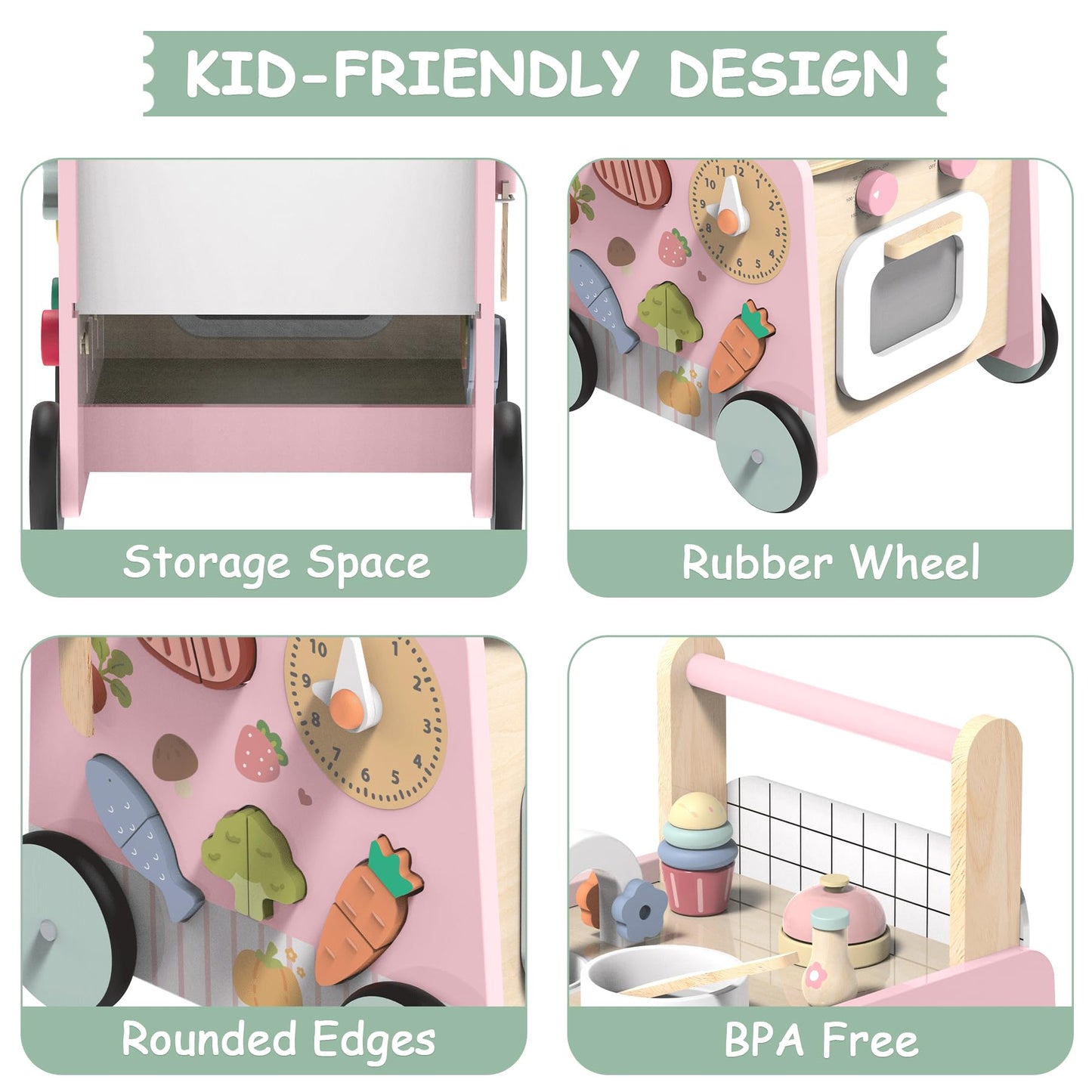 Gigglegems Wooden Baby Walker 4-in-1 with Push Walker Toys, Play Kitchen Accessories, Toddlers Montessori Sensory Toys, Walking Toys for Baby Girls Boys Learning to Walk