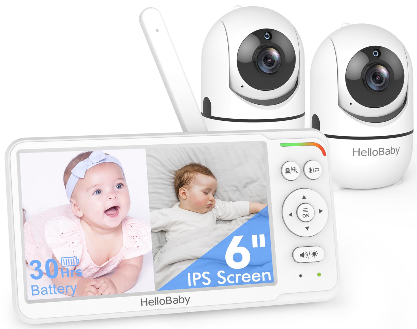 HelloBaby World's First 6" IPS Split Screen Baby Monitor with 2 Cameras - No WiFi, 30hr Battery, 355° Pan-Tilt, Night Vision, 1000ft, Portable Travel Video Audio Monitors with Temp Alert/Lullabies/VOX