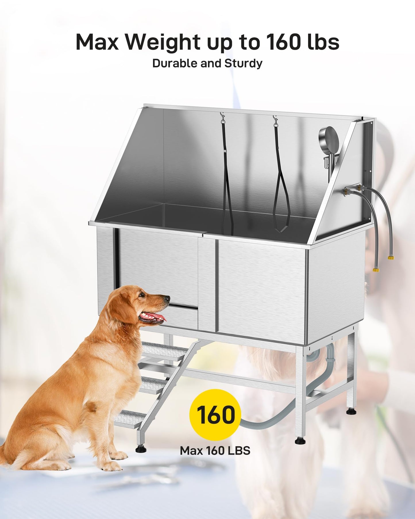 DEXSO 50" Large Stainless Steel Dog Bathing Station, Dog Grooming Bathtub with Faucet, Sprayer, Drain, Left Sliding Door & Retractable Stairs, Professional Dog Bathtub for Home