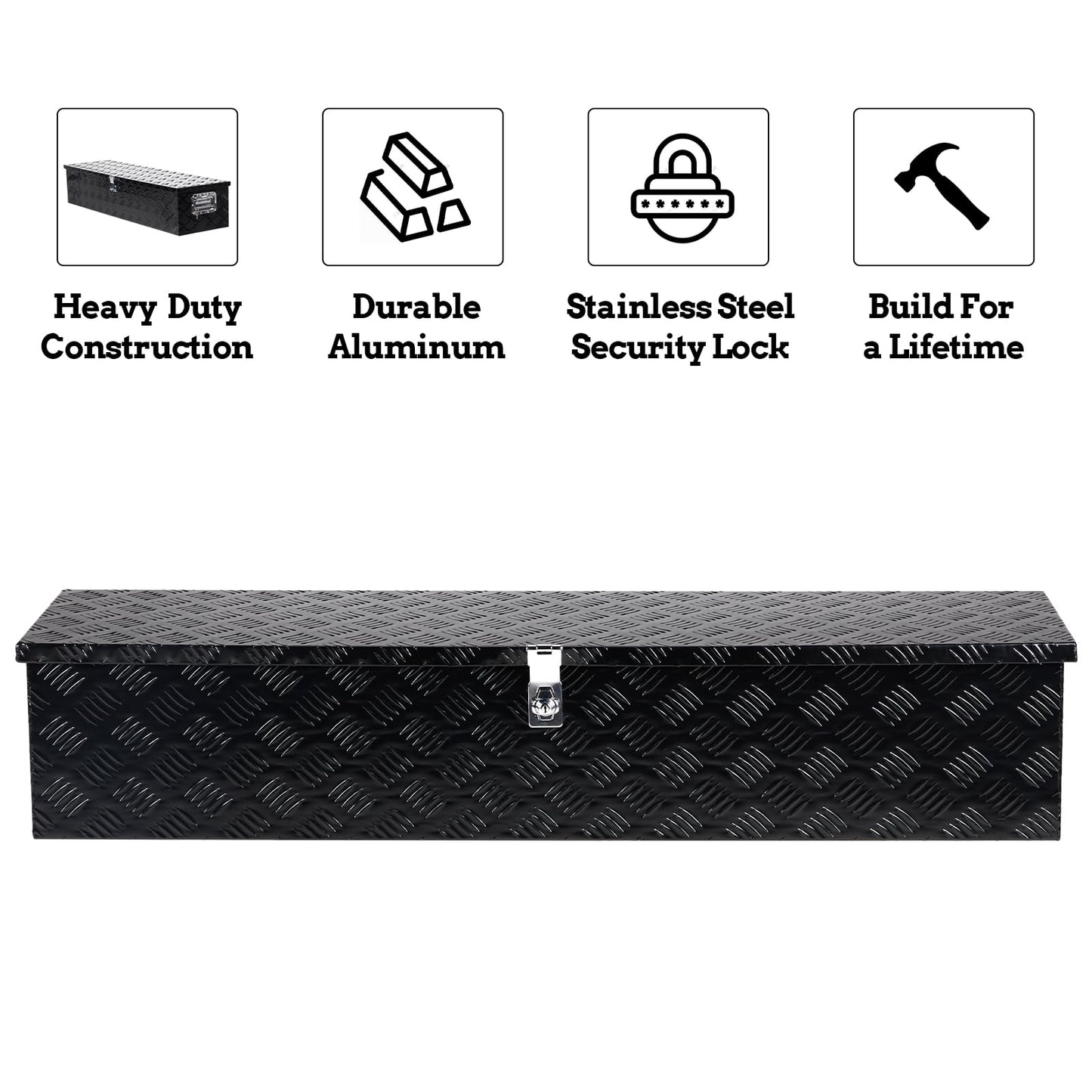 MOTORHOT 49 Inch Heavy Duty Aluminum Tool Box, 5 Bar Tread Plate Pick Up Toolbox, Storage Organizer Chest for Truck Bed RV Trailer with Side Handle and Lock Keys, Black