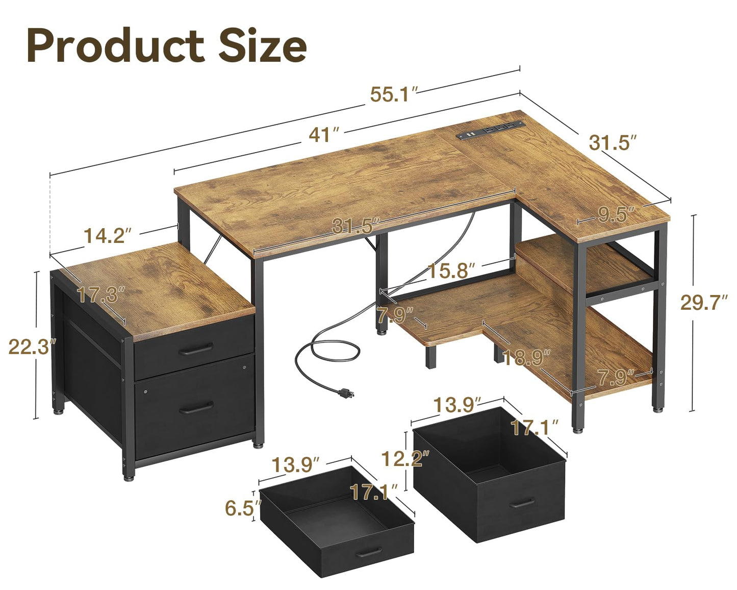 Casaottima L Shaped Desk with Drawers & File Cabinet, Reversible Computer Desk with Storage Shelves & CPU Stand, Corner Desk with Power Outlets, L Desk for Home Office, Rustic Brown