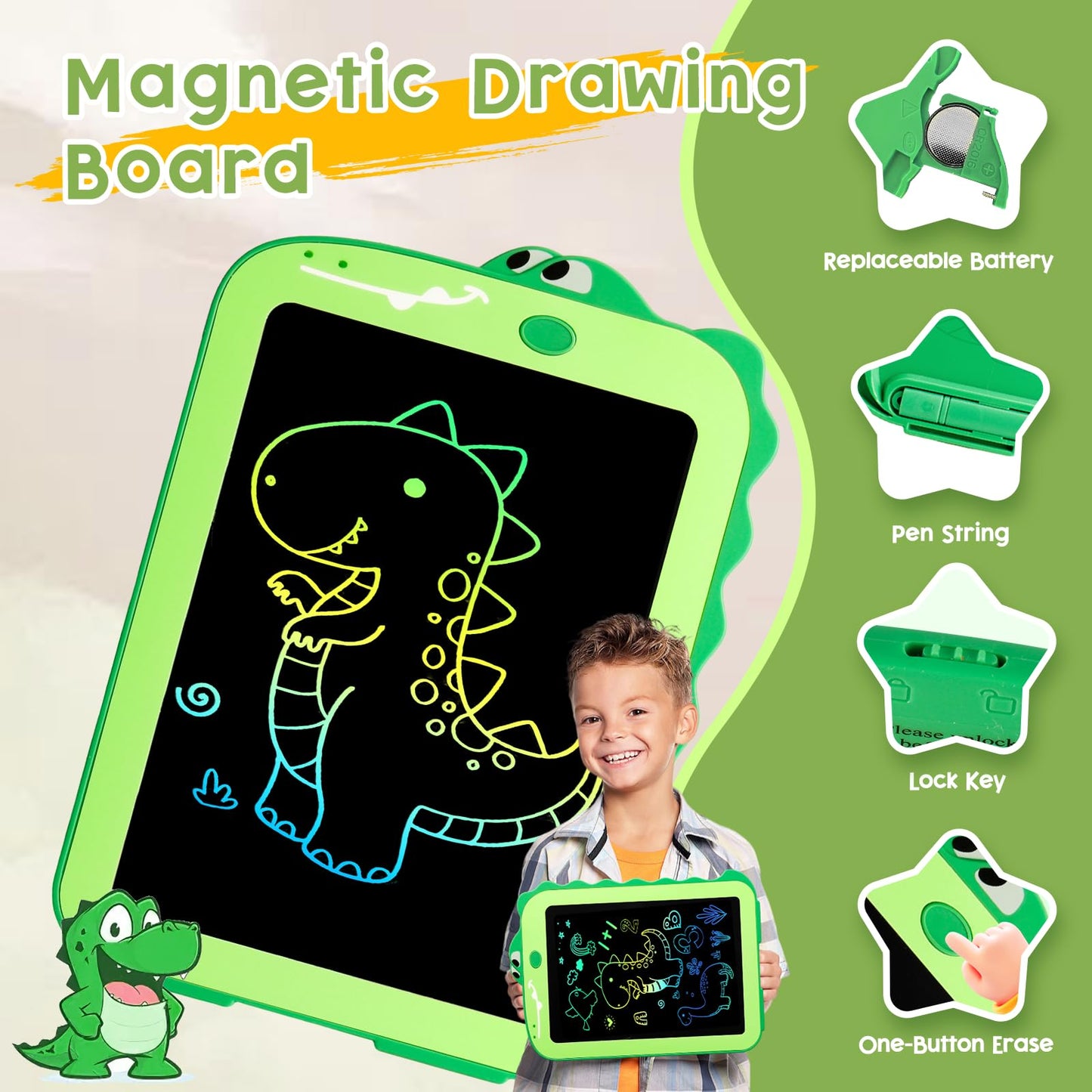 Teriph LCD Writing Tablet for Kids, Colorful Toddlers Toys Drawing Board, Educational Kid Toys, Doodle Pad Dinosaur Toy for 3 4 5 6 7 8 Year Old Boys Girls Birthday Party Xmas,8.5inch & Green