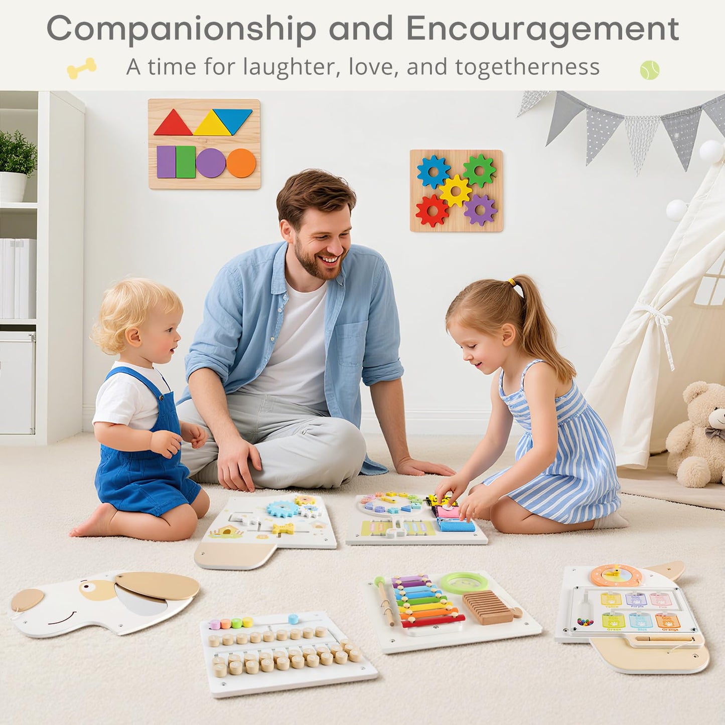 PIIKAGO Wooden Dog Wall Busy Board Panels, Sensory Wall Activity Board for Toddlers 1-3, Montessori Learning Activity Center, Educational Toys for Kids Room, Preschool & Daycare