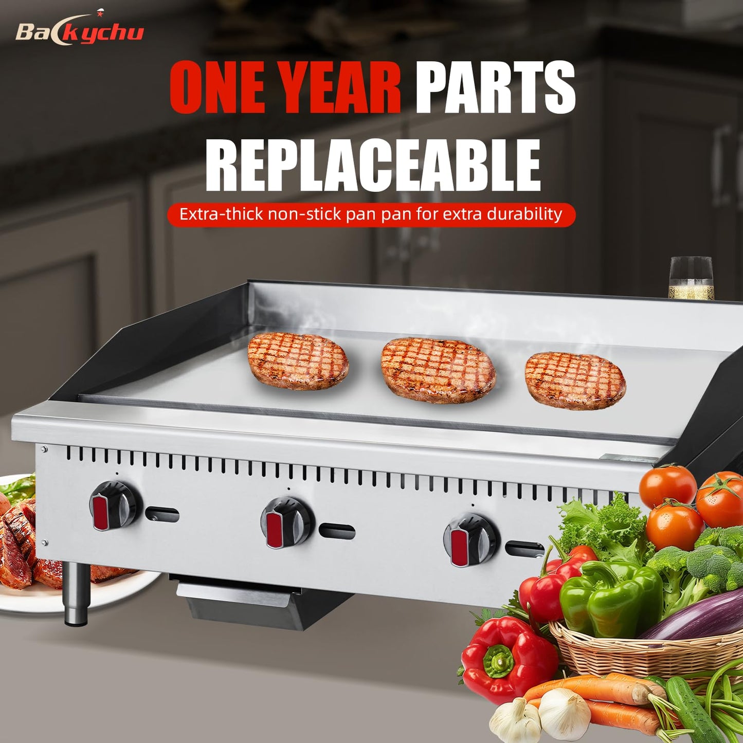 Backychu Commercial Gas Griddle - 36" Countertop Griddle. 90,000 BTU Flat Top Griddle, Natural Gas (NG) / Propane, CSA Certified Stainless Steel Teppanyaki Grill for Restaurants