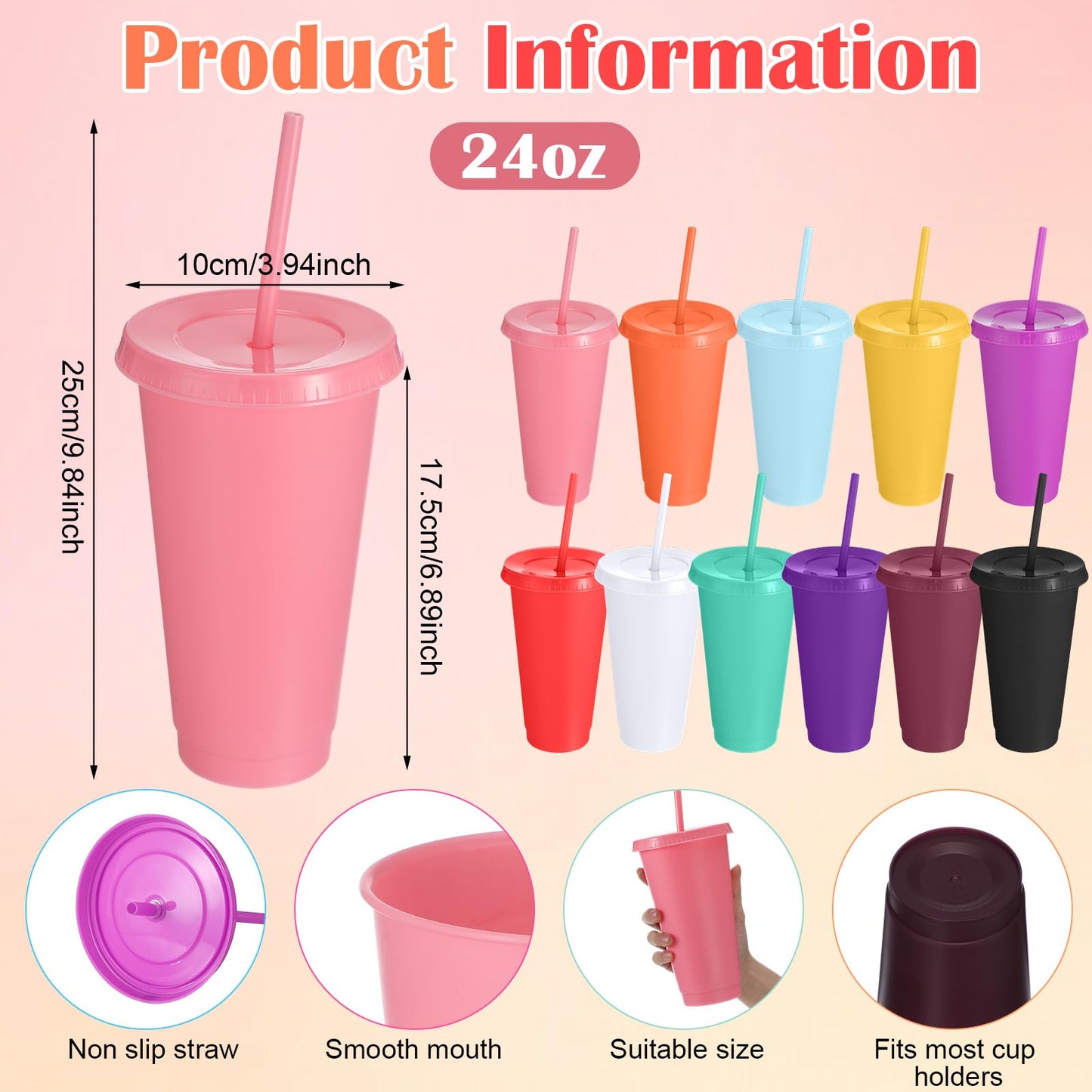 Honeydak 150 Pack Tumbler with Straw and Lid Bulk Cups for Gifts Water Bottle Iced Coffee Travel Mug Cup Reusable Plastic Tumblers for Party Birthdays 24-27 oz (Classic Color)