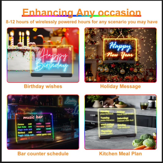 Portable LED Note Board with Colors, Rechargeable 16-inch 7 Light Effects Doodle Glow Memo Message Dry Erase Drawing Lumi Board with Stand for Gift/Classroom/Office/Kids, 5 Markers & Sketchbook