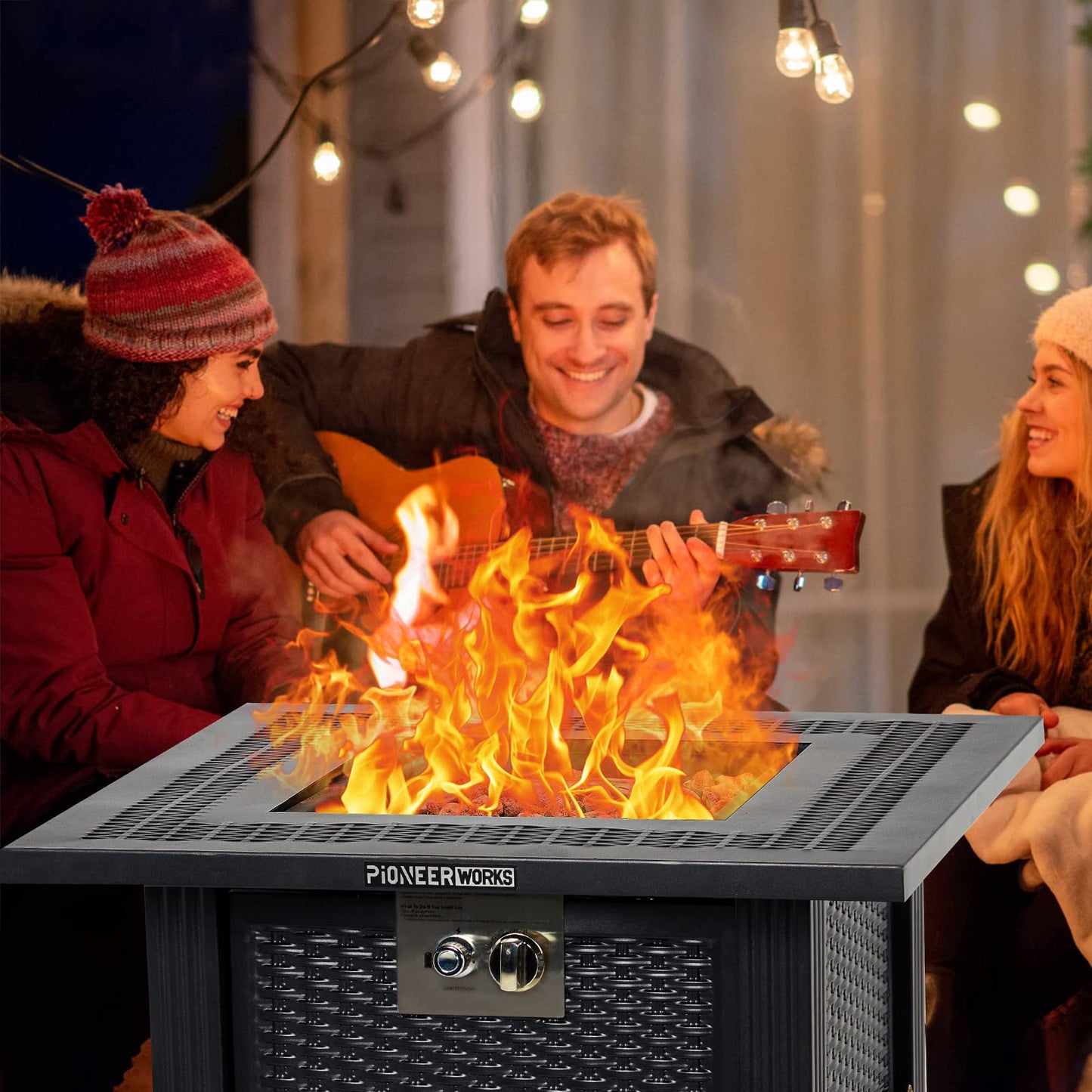 28 Inch Propane Fire Pit Table, PioneerWorks 50000BTU Rectangle Fire Table with Cover, Sturdy Steel and Iron Fence Surface, CSA Safety Certified, Companion for Your Garden
