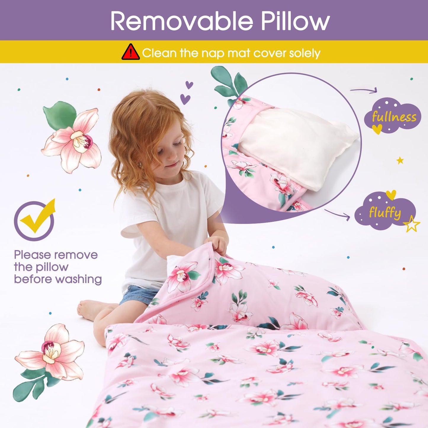 Nap Mat with Pillow Blanket Set: Pink Floral Sleeping Mats for Toddler Kids - Thick Large Roll up Slumber Bag for Daycare Preschool Kindergarten Boys Girls