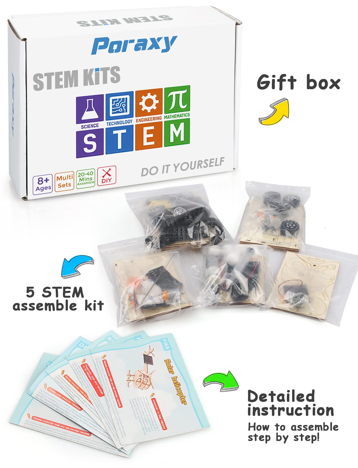 Poraxy 5 Set STEM Kits for Kids Ages 8-10, Model Car Kits, Wooden 3D Puzzles, Educational Science Experiment Kits, Building Toys for Ages 8-13, Gifts for Boys and Girls 7 8 9 10 11 12 13 Year Old