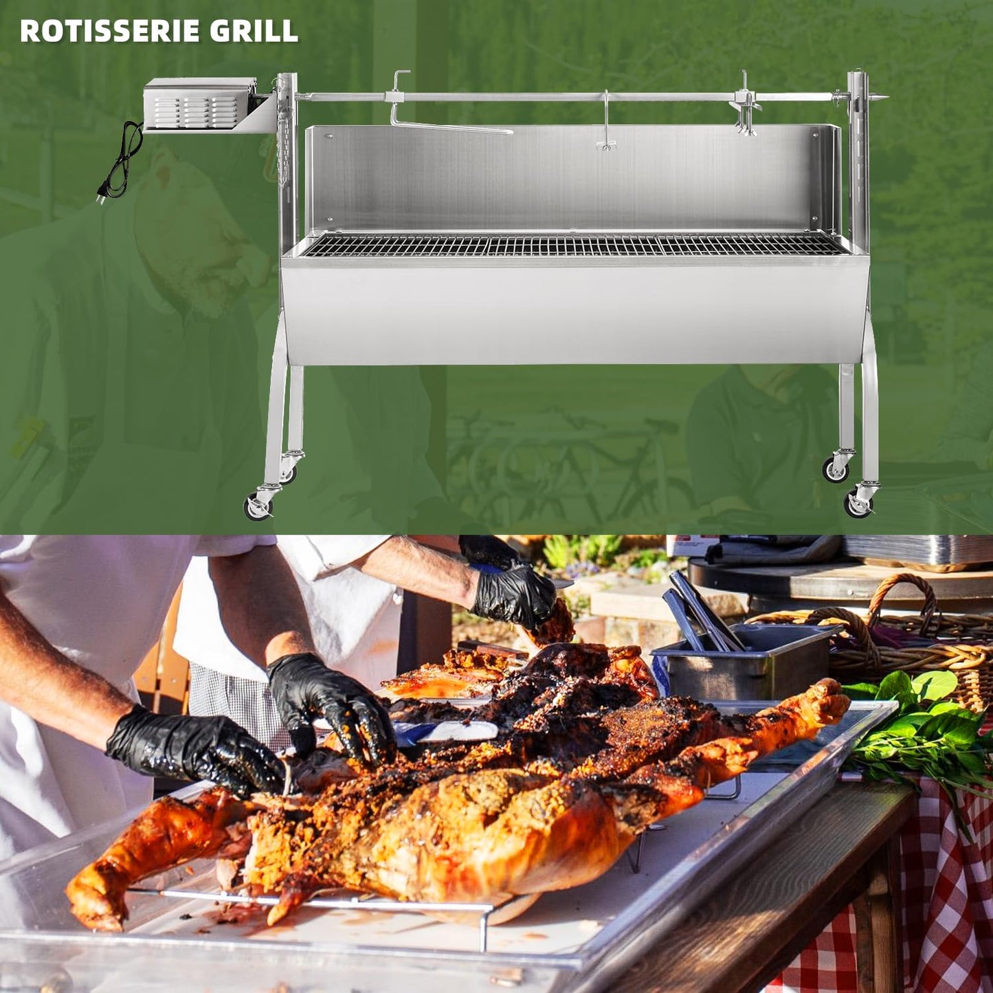 Kendane Rotisserie Grill Charcoal Spit Roaster, Stainless Steel 46" Pig Lamb Hooded Roaster Charcoal Spit with 30W Motor & Adjustable Height Lockable Casters for Party Barbecue, Rated 150 LB
