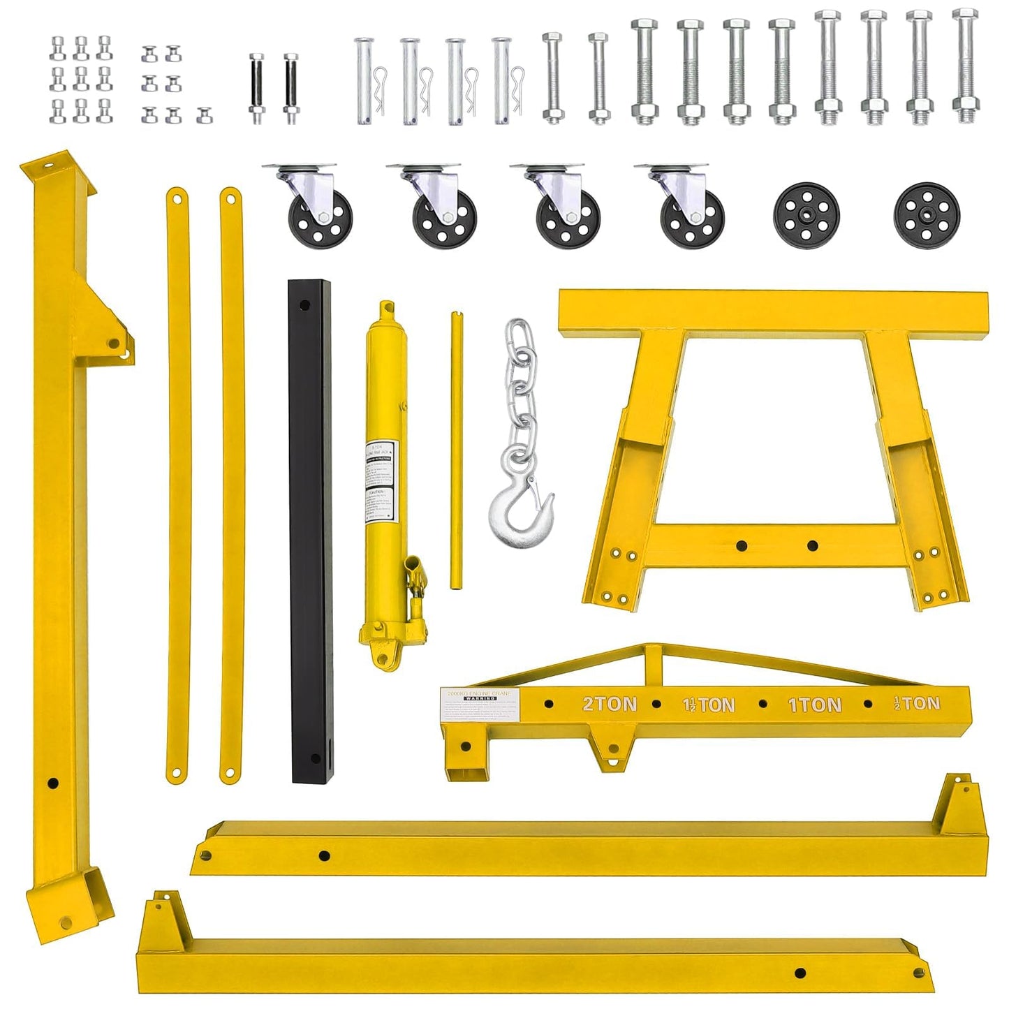 2 Ton Engine Hoist, Hydraulic Cherry Picker Engine Crane, Heavy Duty Folding Shop Crane with 6 Casters, Engine Lift for Garage, Workshop, Yellow