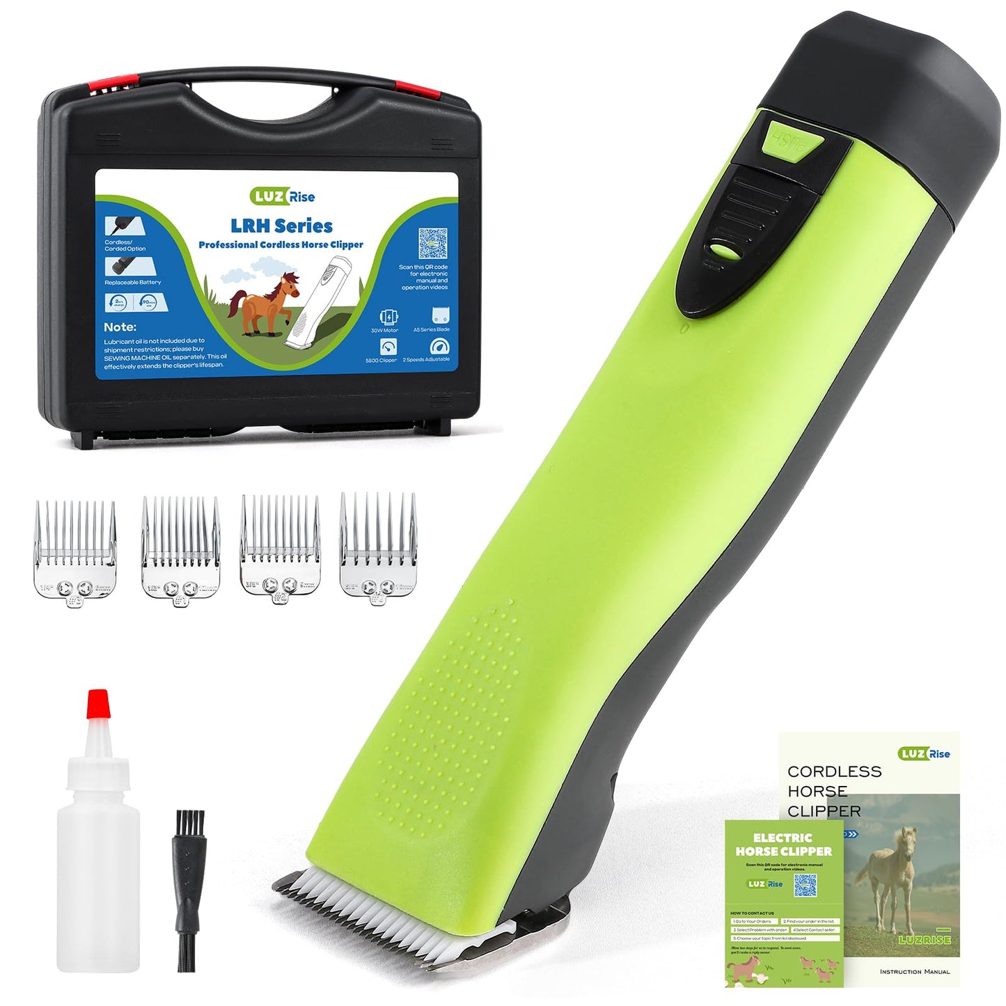 Luzrise Cordless Horse Clippers, Professional Pet Grooming Clippers, 2 Speed Pet Trimmer with 4 Magnetic Guide Comb, Detachable Blade, Low Noise< 50db for Horse,Pony,Cat,Dog,Goat