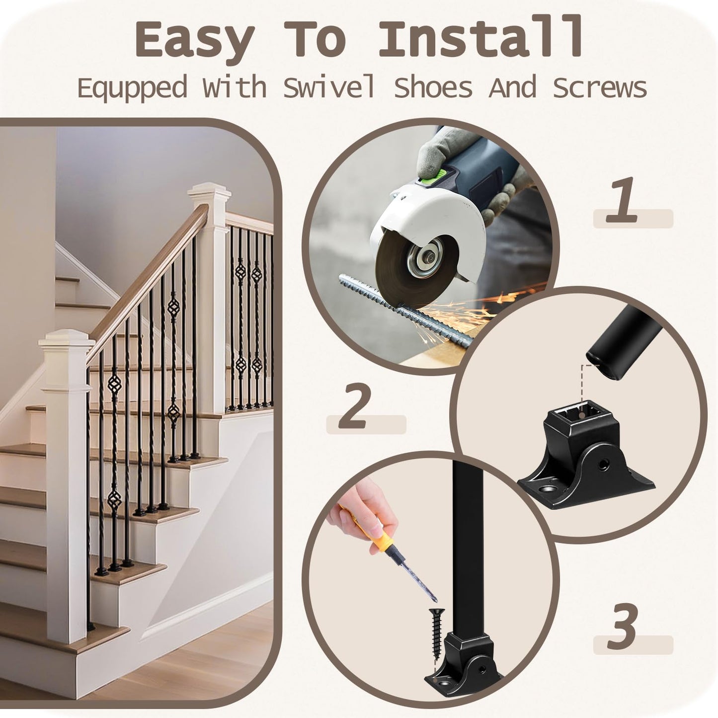 30 Pack Wrought Iron Balusters for Staircase Interior, 1/2" x 44" Hollow Deck Spindles Stair Railing Indoor with 60 Fixed Swivel Shoes, Metal Double Basket Decorative Stair - Matte Black