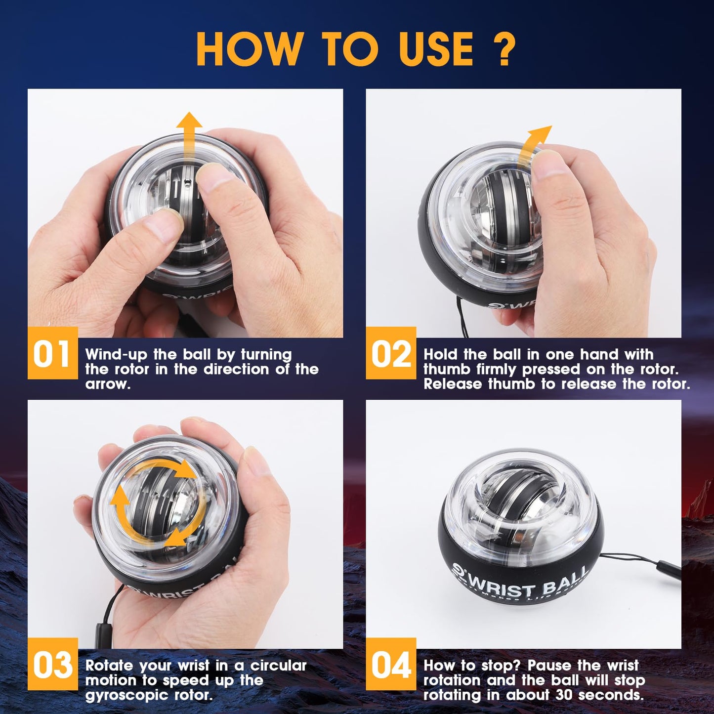 JIN BD Wrist Trainer Ball Auto-Start Gyroscopic Forearm Exerciser Gyro Ball for Strengthen Arms, Fingers, Grip and Muscles Black （No Light）