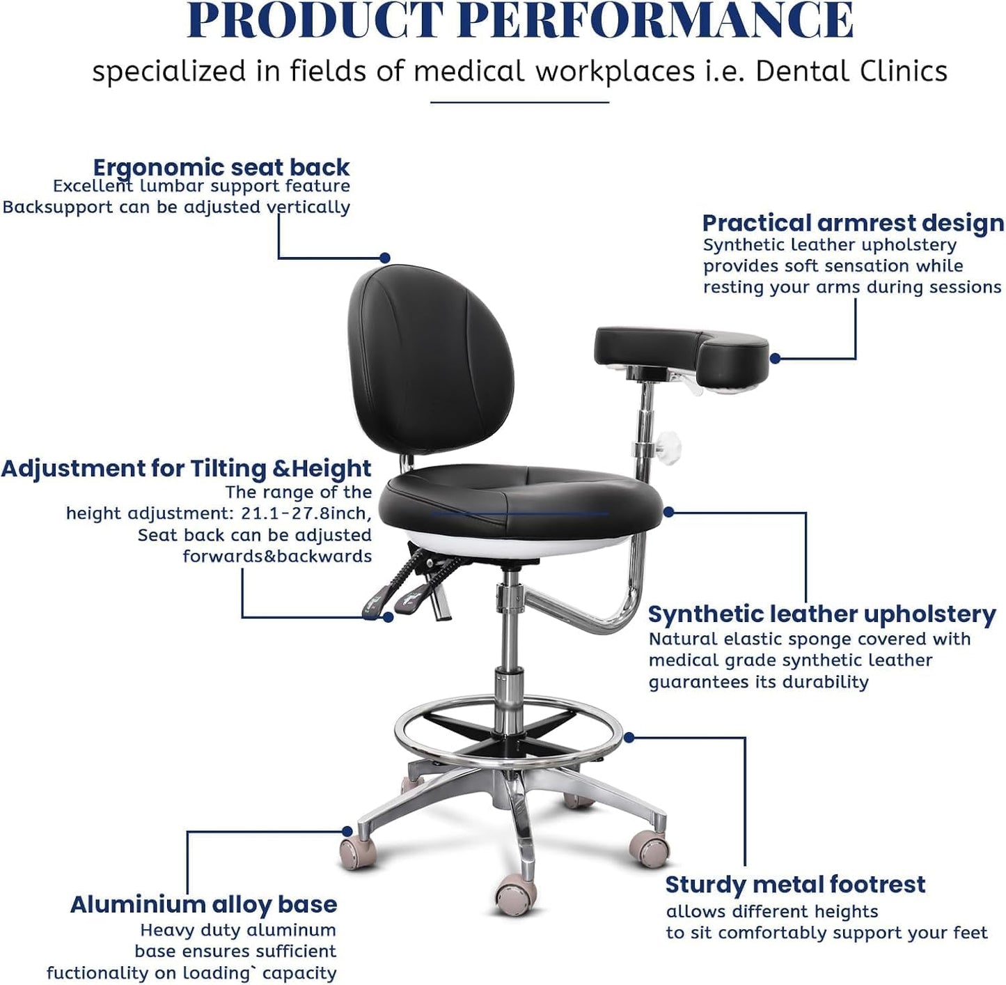 Medical Dental Assistant Chair with Rotatable Armrest Rolling Medical Chair Ergonomic Swivel Seating Back Support Dentist Stool for Clinics, Dental Offices, Labs-Black