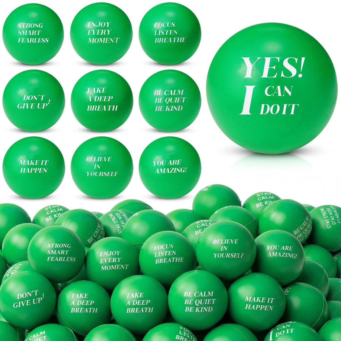 Sotiff 100 Pcs Stress Balls Bulk for Adults Colorful Foam Stress Relief Gift Toys with Motivational Quotes Squeeze Balls for Office Relief Employee Appreciation(Green Color,Positive)