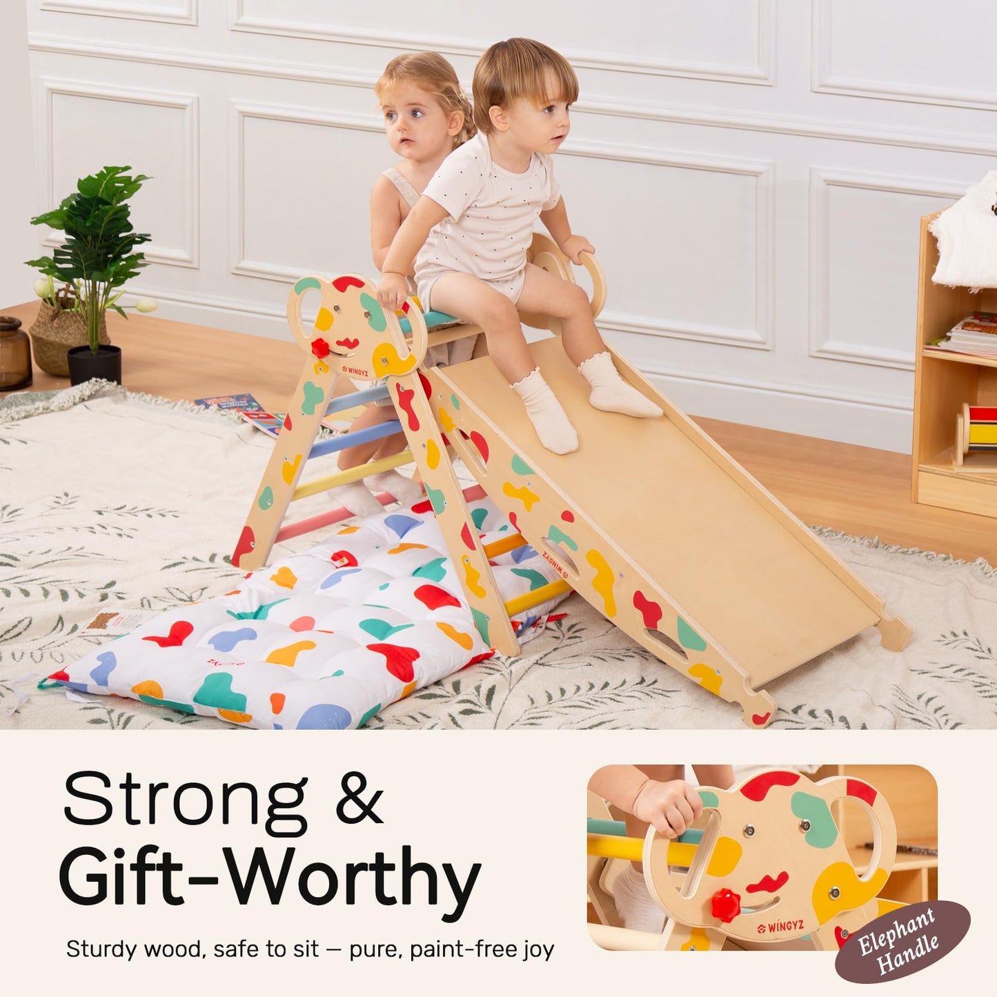 WINGYZ Pikler Triangle Set, Montessori Foldable 8-in-1 Jungle Gym & Reversible Animal Slide, Patent-Protected Climbing Set, Safe 2.35" Gap ASTM F963 Standards for Toddlers 18 Months-7 Years (Rainbow)