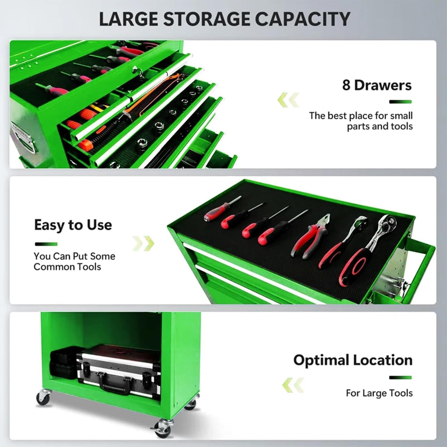 PLENTORA 8 Drawers Rolling Tool Chest - Tool Box Organizer with Wheels and Drawers, Detachable Storage Cabinet with Lock for Garage Workshop, Green