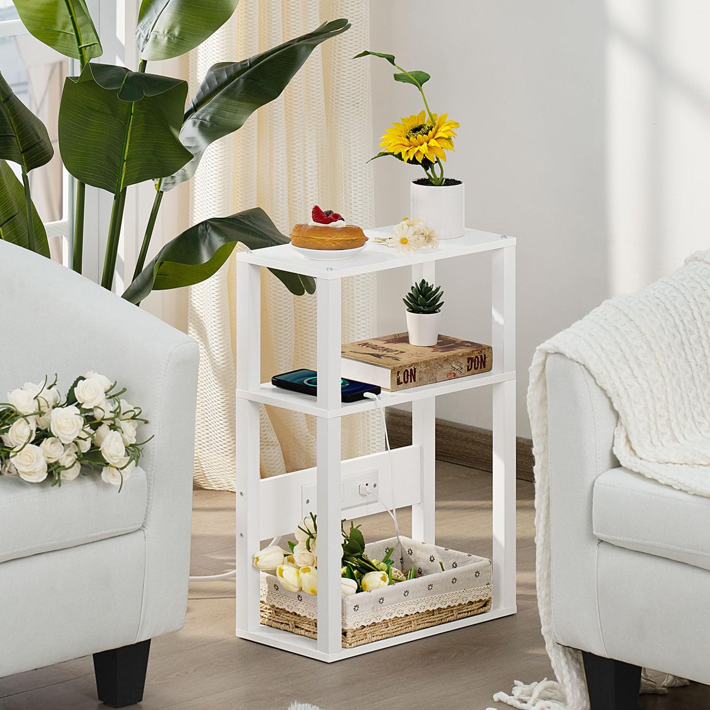 YUFAM 3-Tier Small Narrow Wood Side Table with Charging Station, Skinny Nightstand for Small Space, Slim Bedside Table with Storage for Couch, Thin End Table with USB Ports and Outlets, White