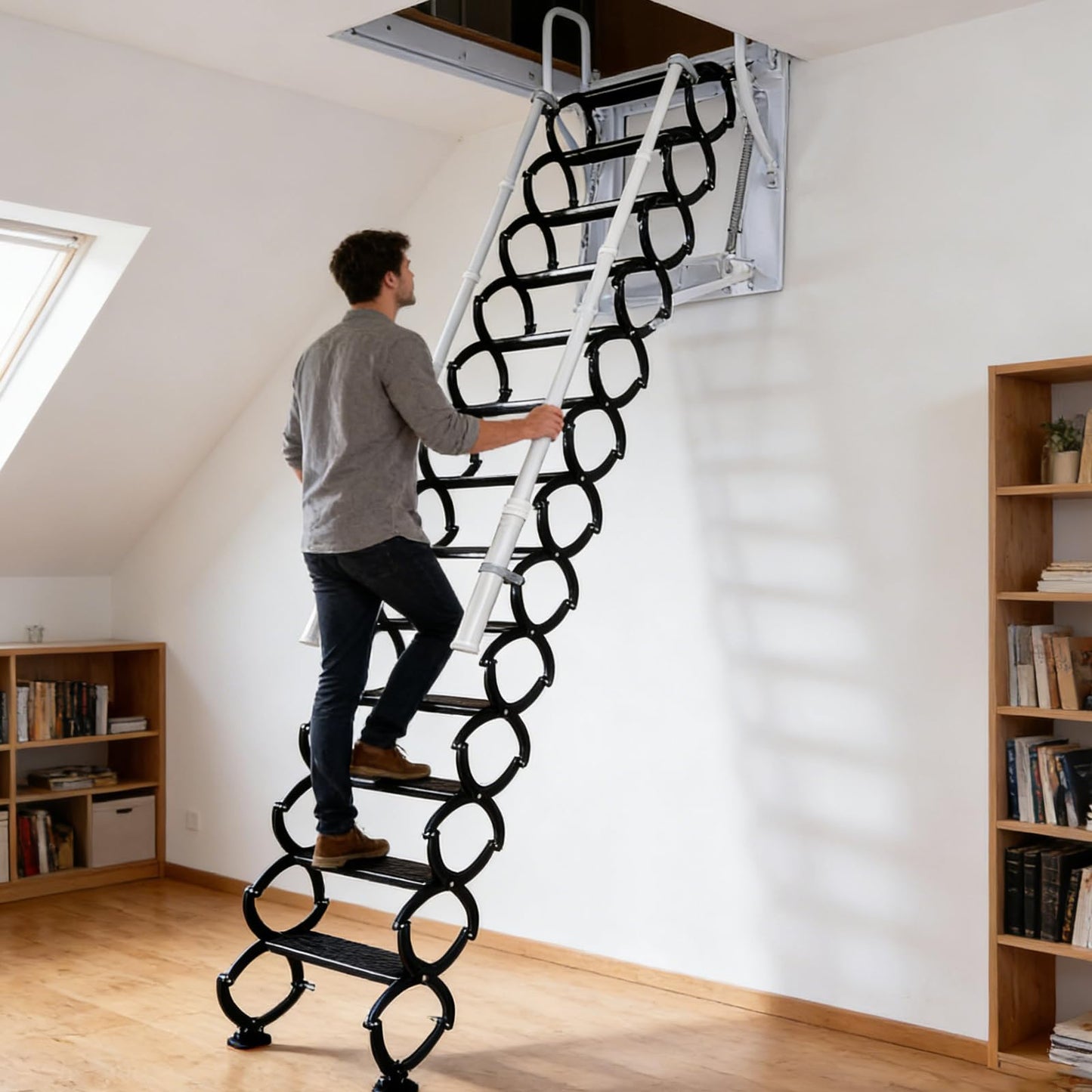 Wall-Mounted Folding Stairs, Folding Loft Staircase with Handrails,Telescoping Attic Ladder with Pull Down System, 12 Steps Attic Stairs, Home Indoor Outdoor Attic (Black, 9.6-10ft)