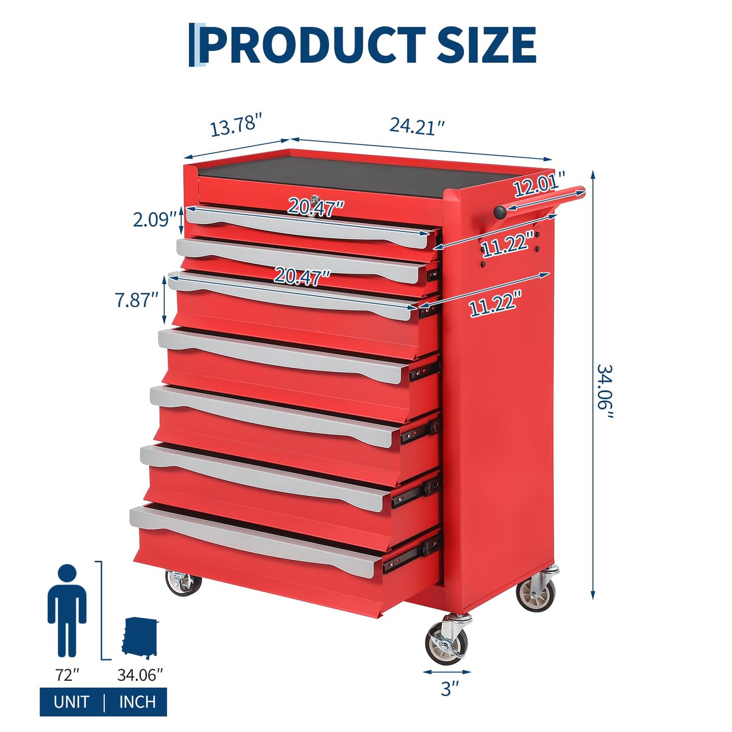 7-Drawer Tool Chest, Rolling Tool Cart, Large Capacity Tool Storage Cabinet with Keyed Locking and Drawer Liners, Link Buckle, and Can Be Combined to Large Cabinet Set, for Garage, Workshop, Warehouse