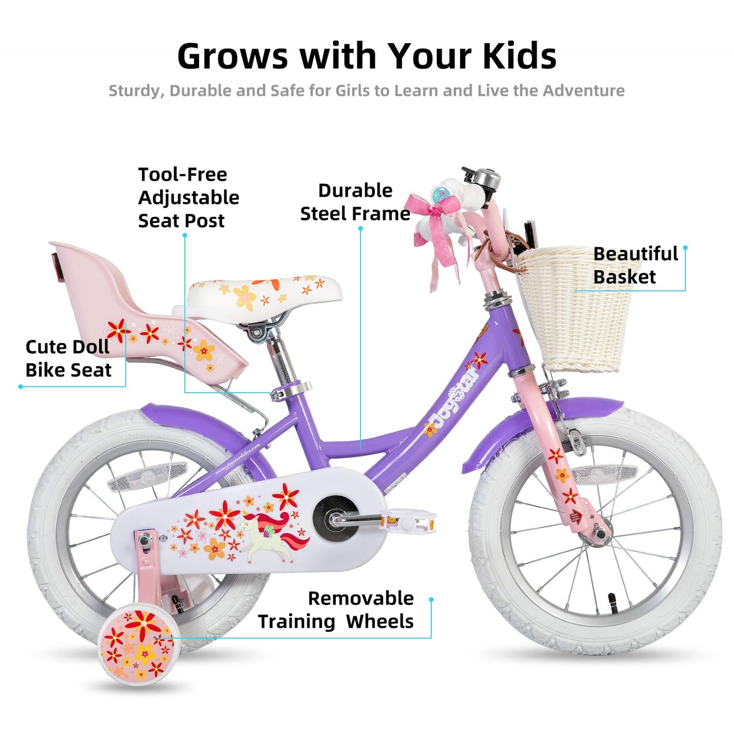 JOYSTAR Unicorn 16 Inch Kids Bike for 4-6 Years Old Princess Girls Bike with Doll Bike Seat Training Wheels Basket Streamer Children Bicycle Purple