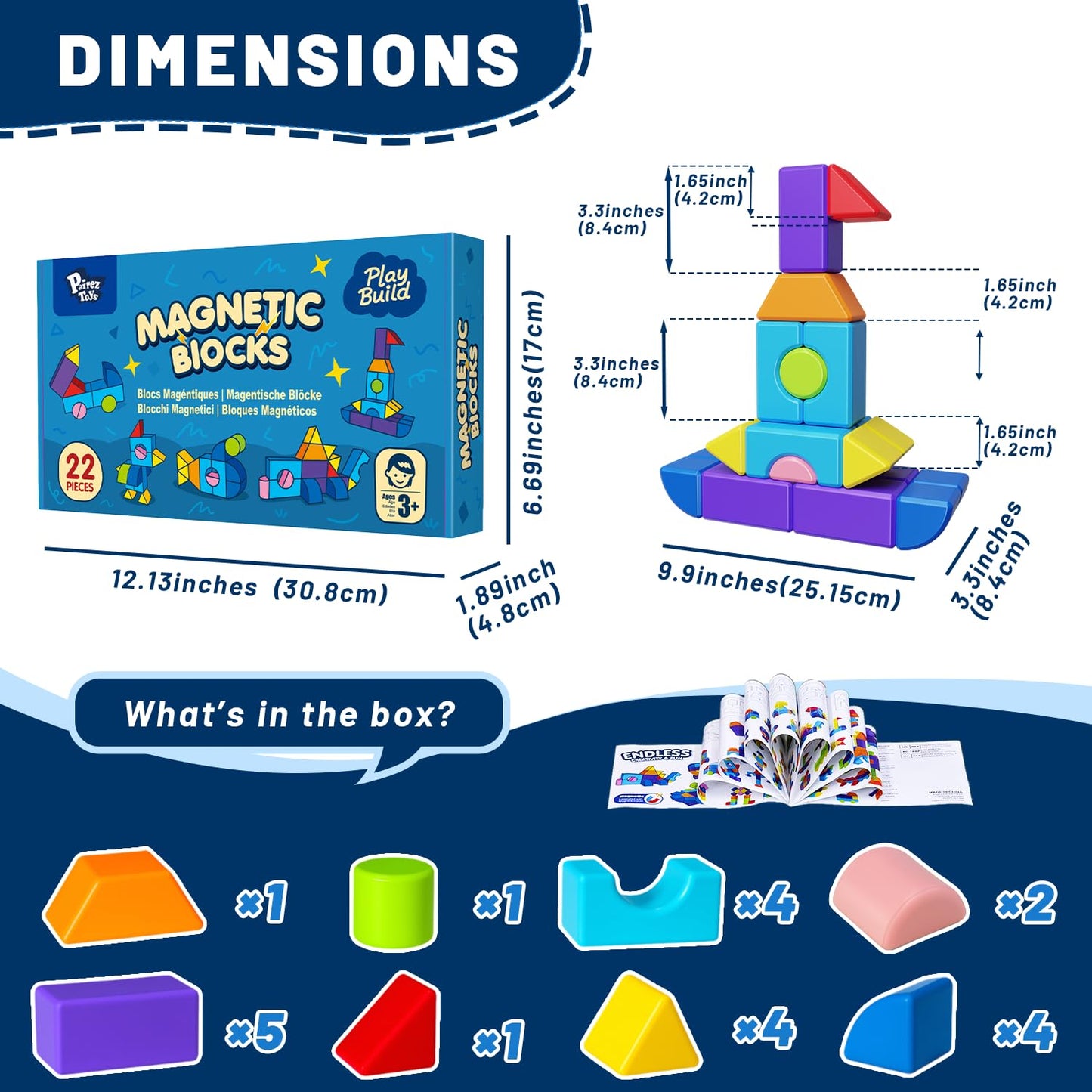 Pairez Toys Magnetic Building Blocks for Toddlers 3+, Large Magnetic Stacking Blocks in 8 Shapes, Montessori Building Toy, Colorful Magnet Toys for Kids Ages 3-5 (22PCS)