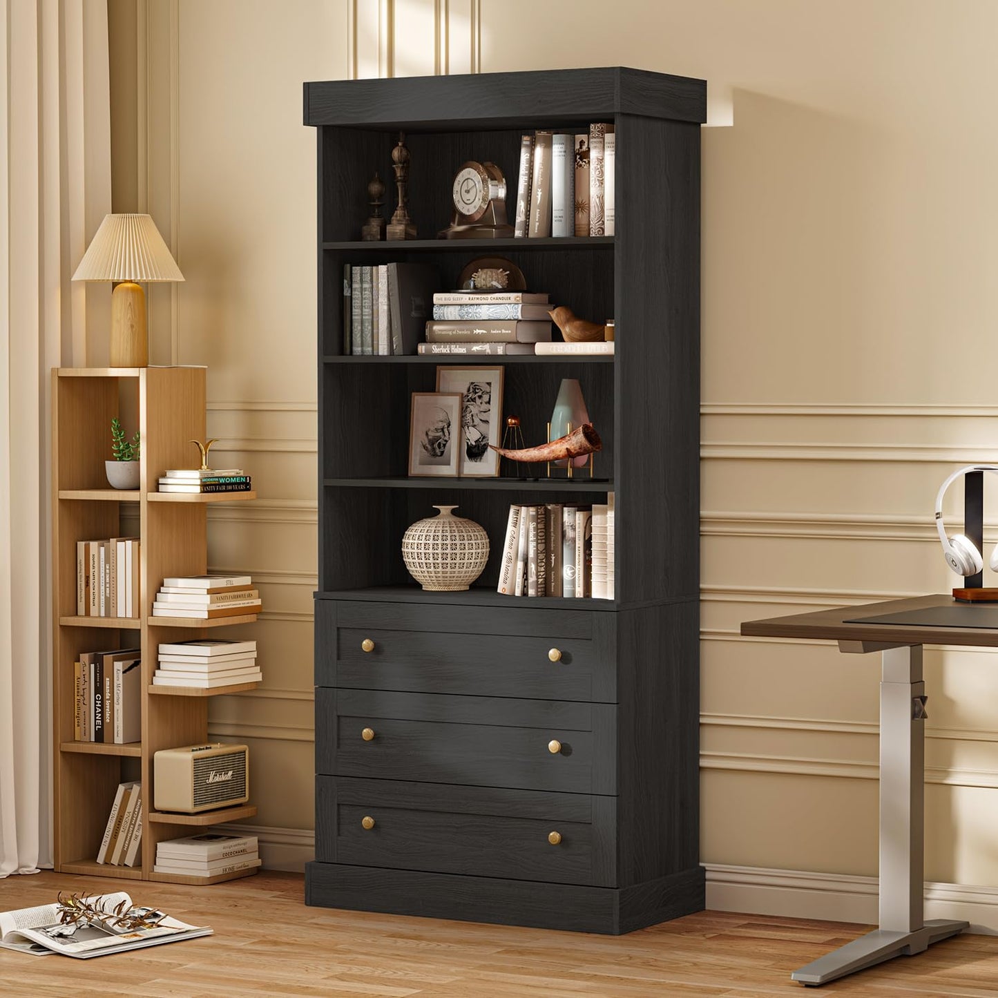 Myricore 71" Tall Farmhouse Kitchen Pantry, Large Storage Cabinet with Glass Doors, Adjustable Shelves, 3 Drawer, Wood Versatile Hutch Cabinet for Dining Room, Living Room, Black 3 Pcs