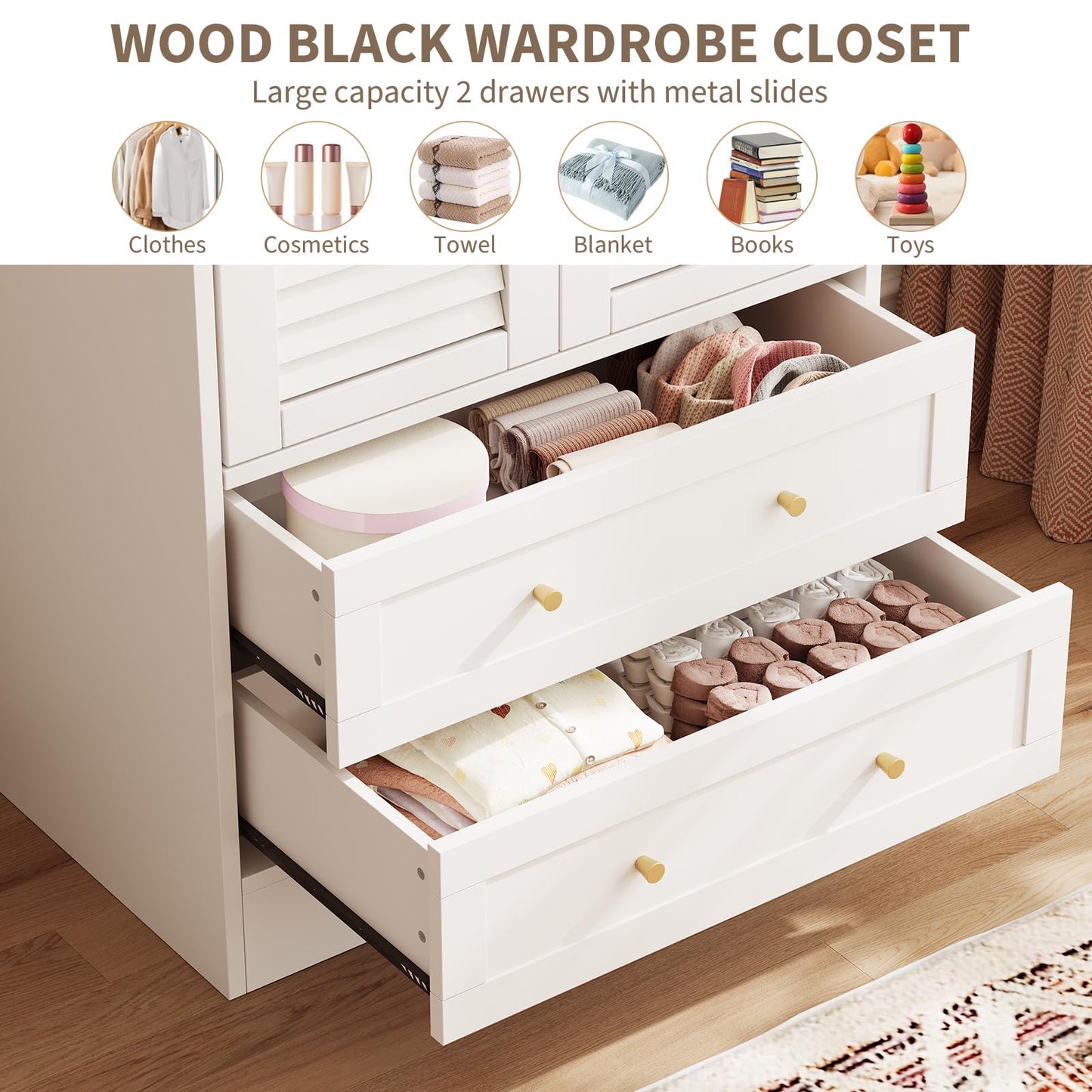 65" Louvered Armoire Wardrobe Closet, Wood Clothing Storage Cabinets with 2 Doors and 2 Drawers, Wooden Wardrobe Closet with Hanging Rod for Bedroom, Cloak Room, Laundry Room, Entrance Hall, White