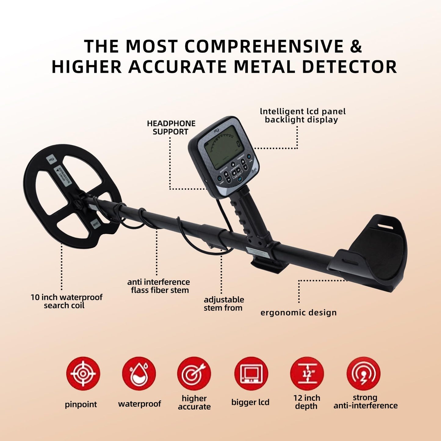 Professional Metal Detector for Adults - High Precision LCD Display, Waterproof, 5 Working Modes, Adjustable Aluminum Alloy Stem, for Gold, Silver, Treasure Hunting, Gardening, Outdoor Exploration