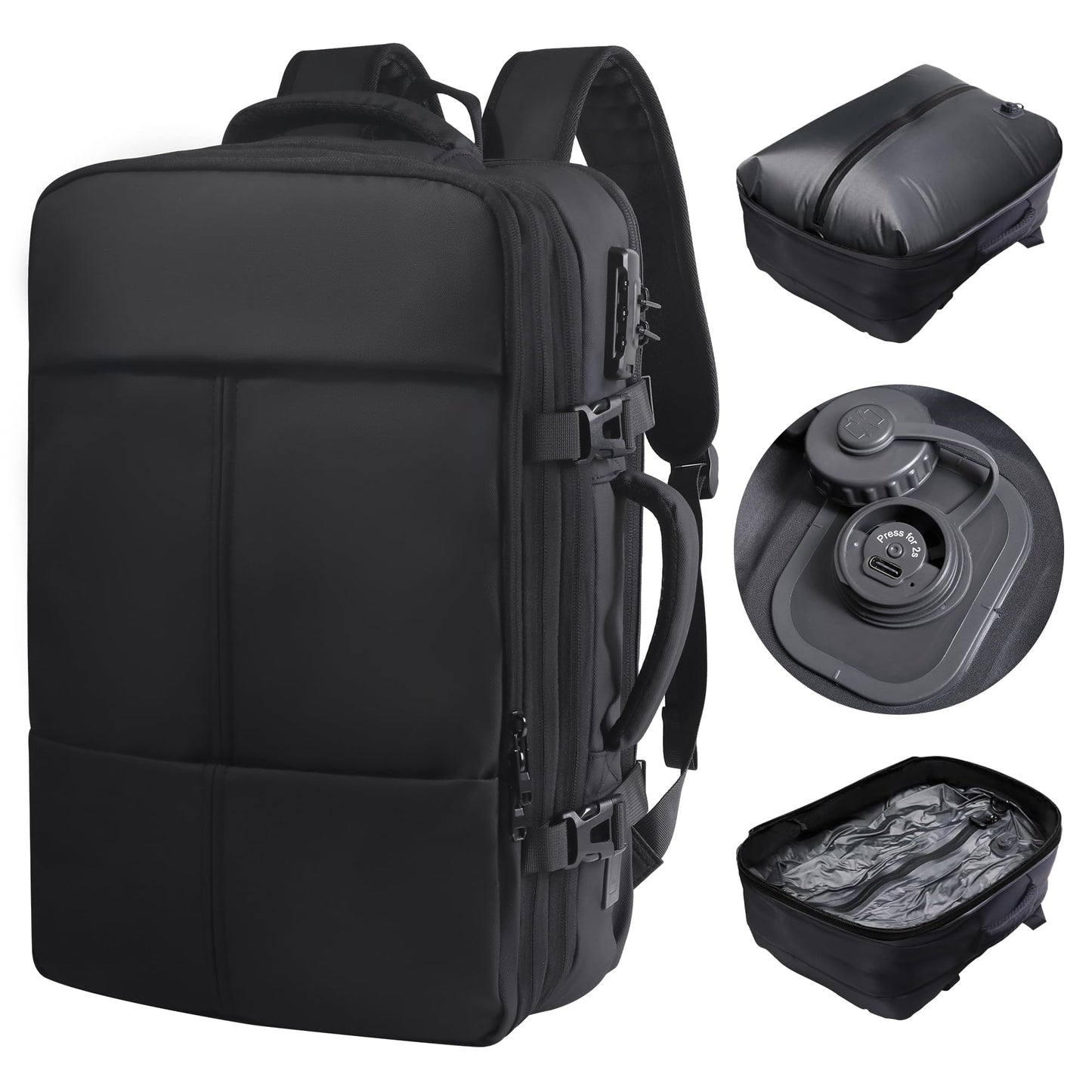 Vacuum Backpack Travel with Pump, Large 80L Exapandable Air Compression Vacuum System, Available Boarding, Carry on Luggage, Water Resistant, TSA Lock and Strong Sealing Airbag for Travel, Black