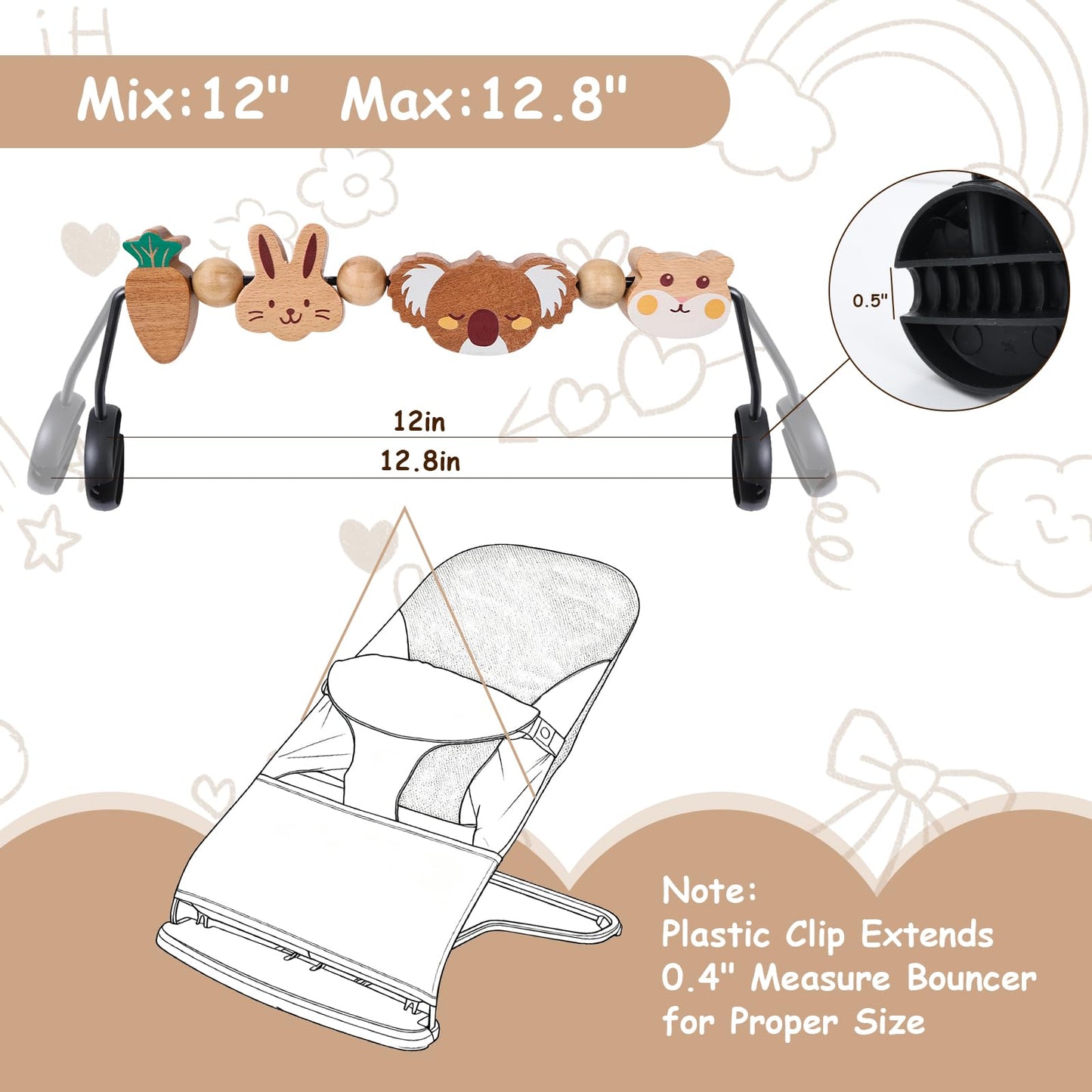 BEBOAN Baby Bjorn Bouncer Toy Bar - Toy Bar for Soft & Bliss Baby Bouncer, 360°Rotating Natural Wooden Toys, Easy to Attach/Remove Exciting Design for Curious Babies(Cute Animals)