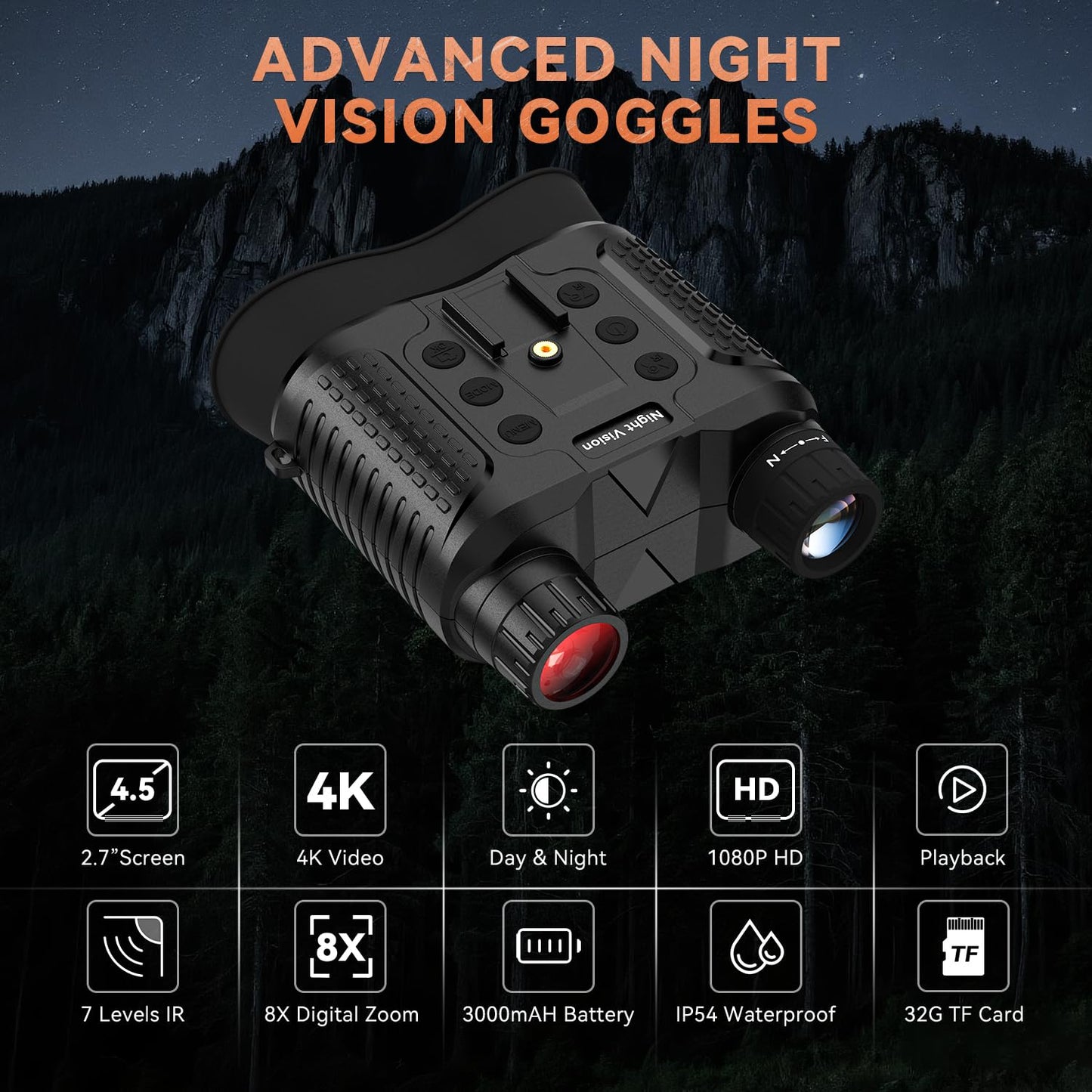 Night Vision Goggles Head Mounted for Adults, 1312FT Rechargeable Infrared Digital Binoculars, 2.7"Large Screen, 8X Digital Zoom, 7-Level Infrared, Night-Vision Goggles with 32GB TF Card, Head Strap