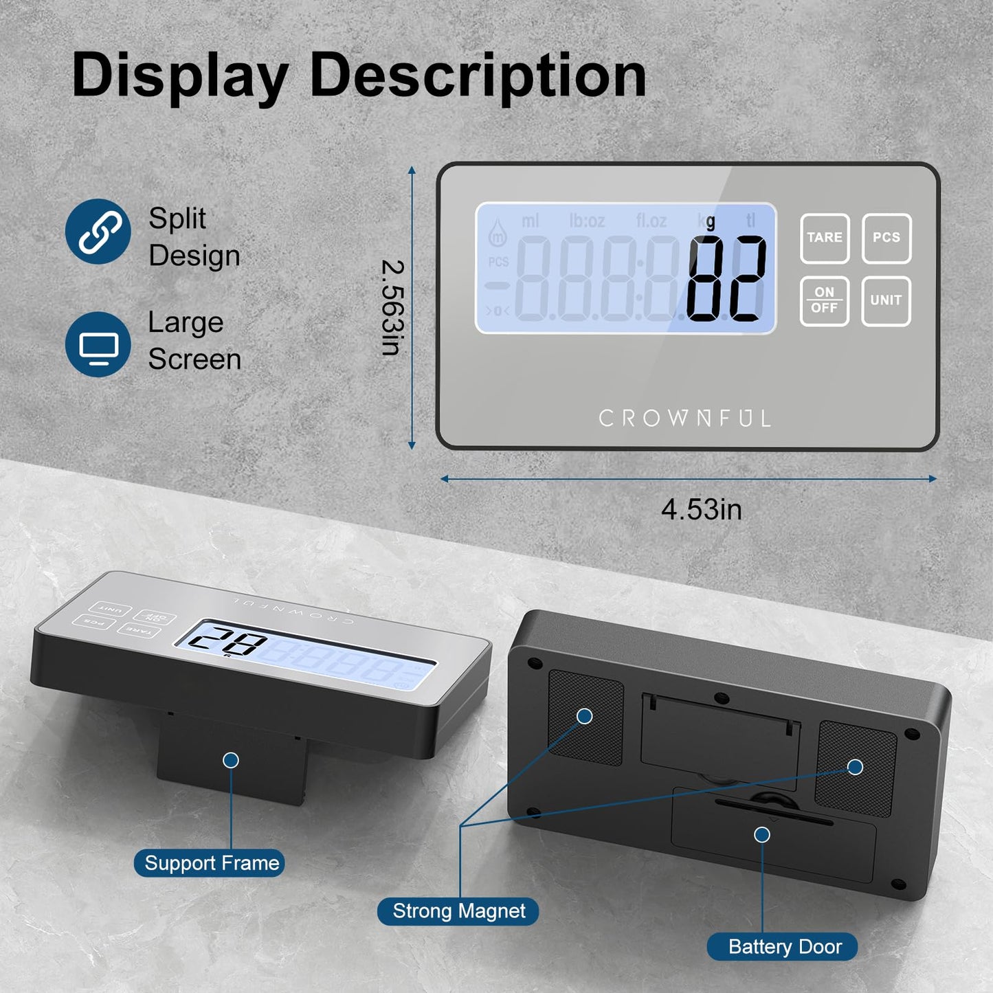 CROWNFUL Split Food Scale, 33lb Wireless Kitchen Scale with Remote LCD Display, 7 Units & Tare Function, 1g/0.1oz, Digital Food Scales for Kitchen, Stainless Steel Food Weight Pan for Cooking/Dieting