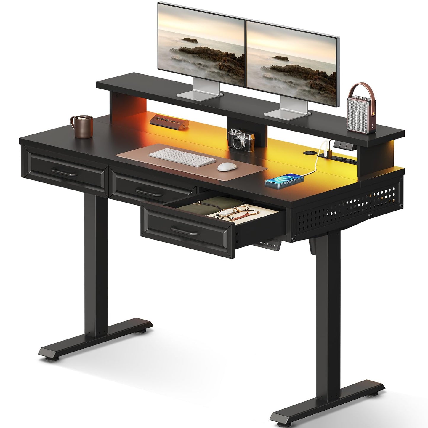 OffiGo Electric Standing Desk with 3 Wooden Drawers, 48 Inch Height Adjustable Desk with Power Outlets & LED Lights, Black Sit Stand Table with Monitor Stand for Home, Office, Workstation
