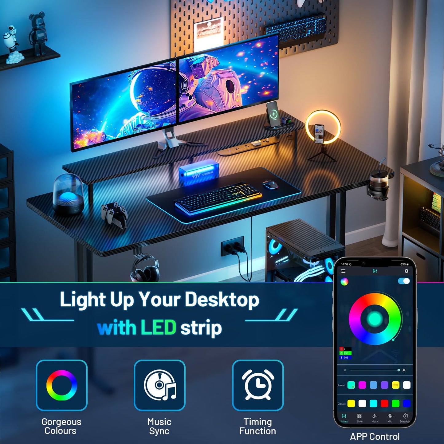 HLDIRECT 47 Inch Gaming Desk with 5 Sockets & LED Lights, Computer Gamer Desk with Monitor Stand, Ergonomic Carbon Fiber Gaming Table Home Office Desk with Cup Holder, Headphone Hook & Mouse Pad