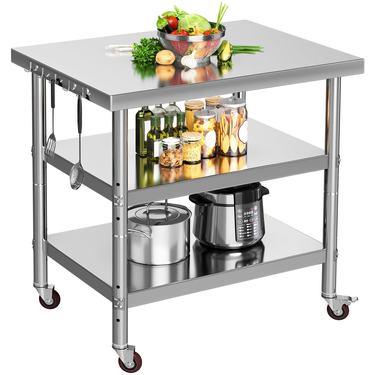 YITAHOME NSF Stainless Steel Table, 30" X 24" Work Table with Wheels, 3 Shelves Metal Table Prep Table for Home Kitchen Restaurant Garage Warehouse Outdoor