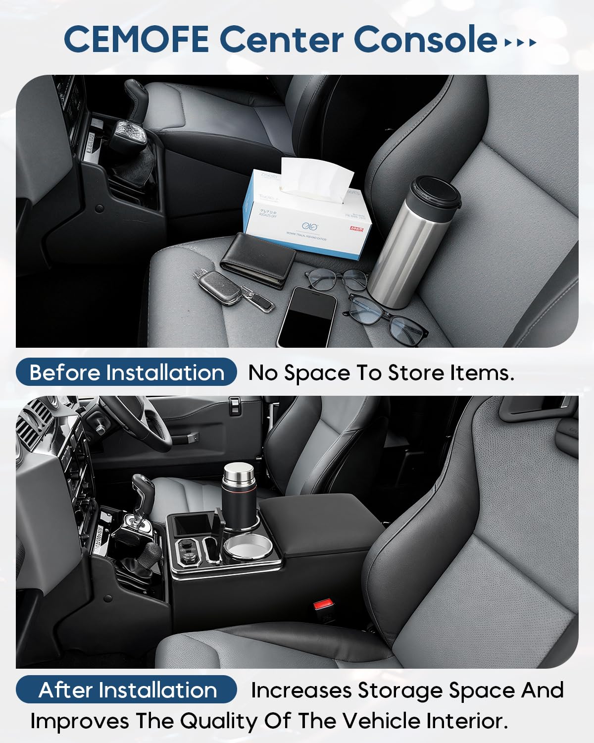 CEMOFE Upgraded Center Console, Wireless Charging Phone Holder & Cup Holders Armrest Organizer for Car Minivan Truck Van, Universal Rear Bench Seat Storage Box with 7 Modes LED Light