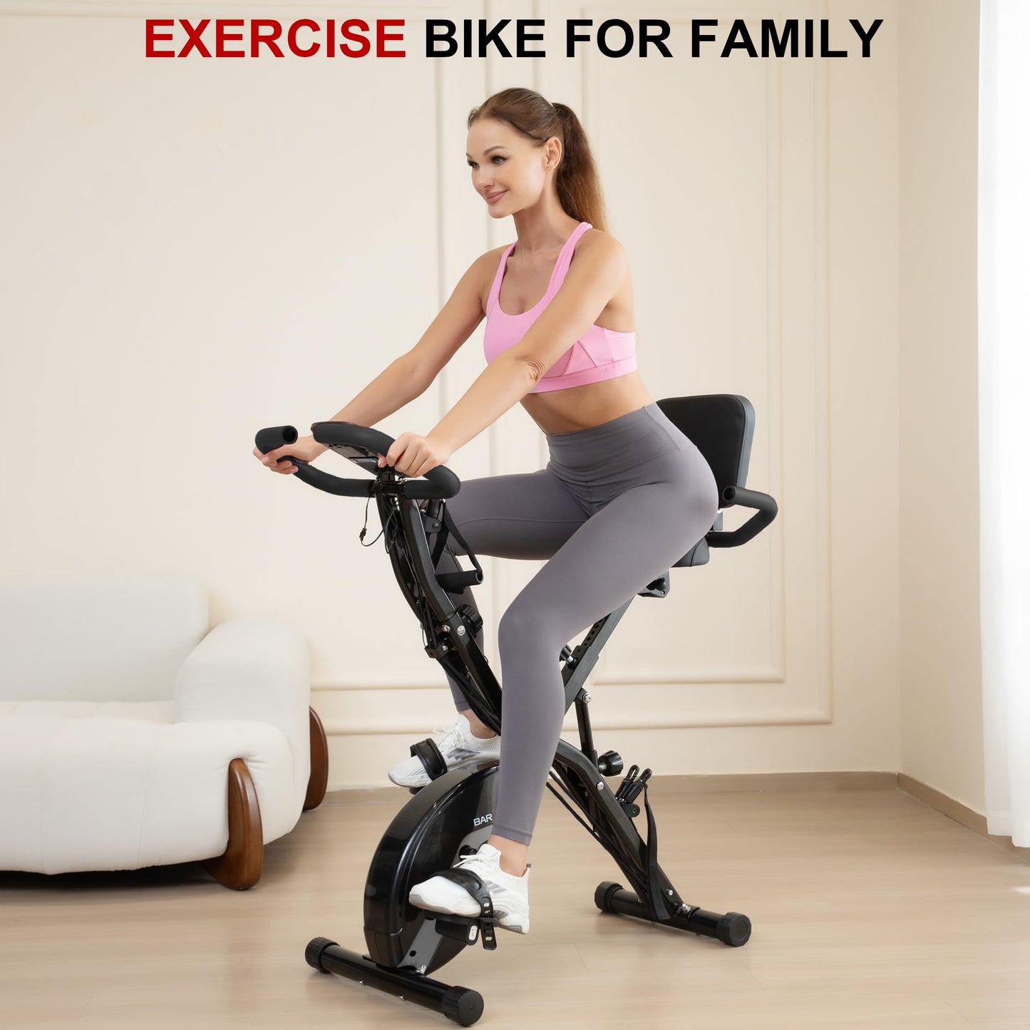 BARWING Stationary Exercise Bike for Home with App,5 IN 1 Foldable Indoor Cycling Bike for Seniors, 350LB Capacity, 6.6 LBS Flywheel，16-Level Magnetic Resistance, Seat Backrest Adjustments
