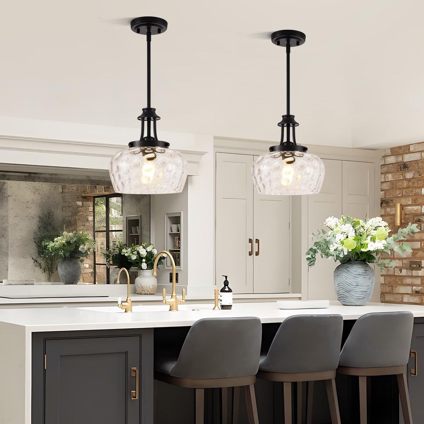 Modern Pendant Lights Kitchen Island, Matte Black Pendant Light Fixtures with 10" Clear Hammered Glass Shade, Industrial Hanging Pendant Lights Fixture for Kitchen Island Dining Room Bedroom Entryway