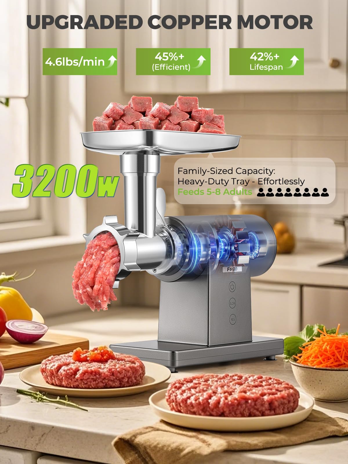 Flyseago Electric Meat Grinder 3200W Multifunctional Meat Grinders Chopper Machine with Cutting Blade 3 Grinding Plates 3 Sausage Stuffers Kubbe Kit Juicer Cheese Grater Veggie Shredder Slicer