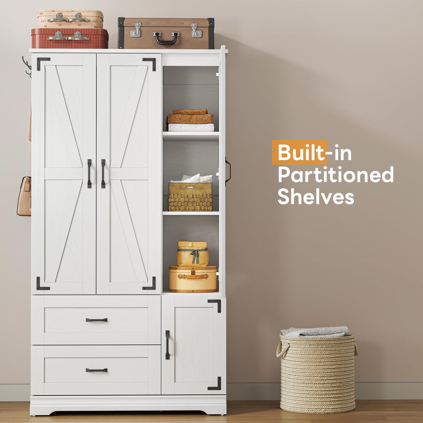 LIKIMIO Armoire Wardrobe Closet 71" H, Bedroom Wooden Wardrobe with 4 Doors and 2 Drawers, Farmhouse Clothing Storage Cabinet Combination with Hanging Rod, Shelves, and Hooks, White