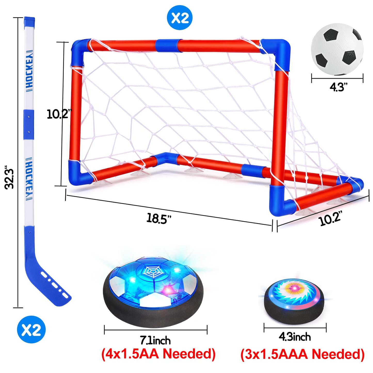 Qirptey 3 in 1 Hover Soccer Ball Toddler Hockey Set with LED Lights Indoor Toys for Kids Soccer Gift for Boys 6-8 8-12 Kids Sports Soccer Games 3 4 5 6 7 8 Year Old Boy Age 4-8 Birthday Gift