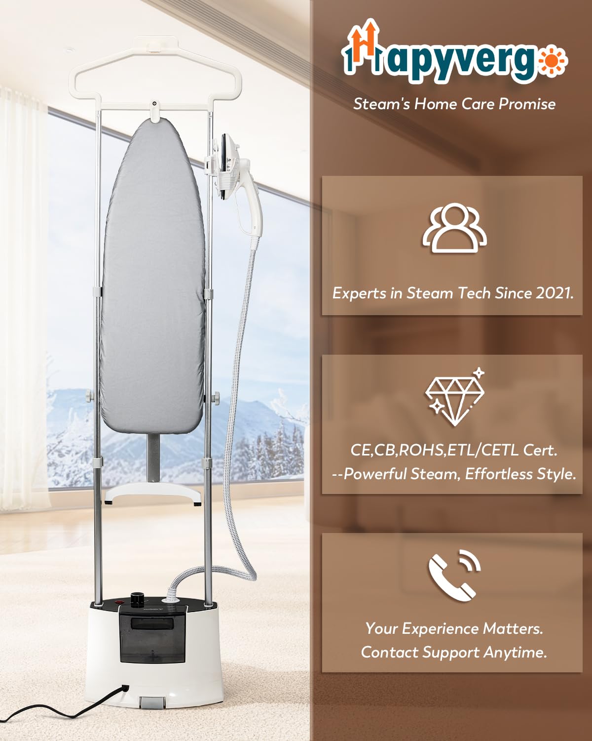 Hapyvergo Standing Garment Steamer with Rotating Nozzle, 1500W Upgraded Steamer for Clothes Heats in 25s for 60min Steam, 1.6L Tank, Self-Cleaning, Dual-Protection Tech, Ironing Board, Hanger, Gloves