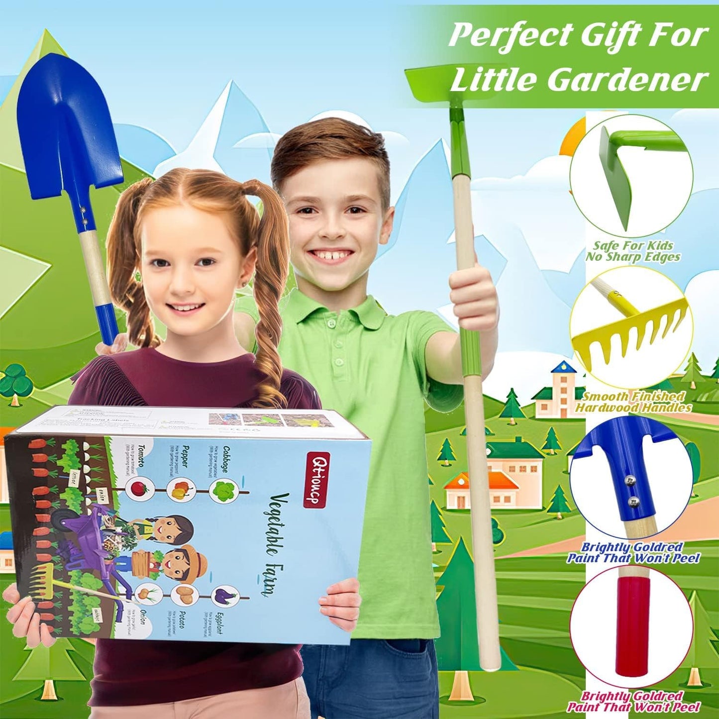Qtioucp Kids Gardening Tools Outdoor Toys Set Backyard Play with Wheelbarrow Educational STEM Learning Pretend Toys Outdoor Indoor for Toddlers Kids Boys Girls (Red Wheelbarrow Set)