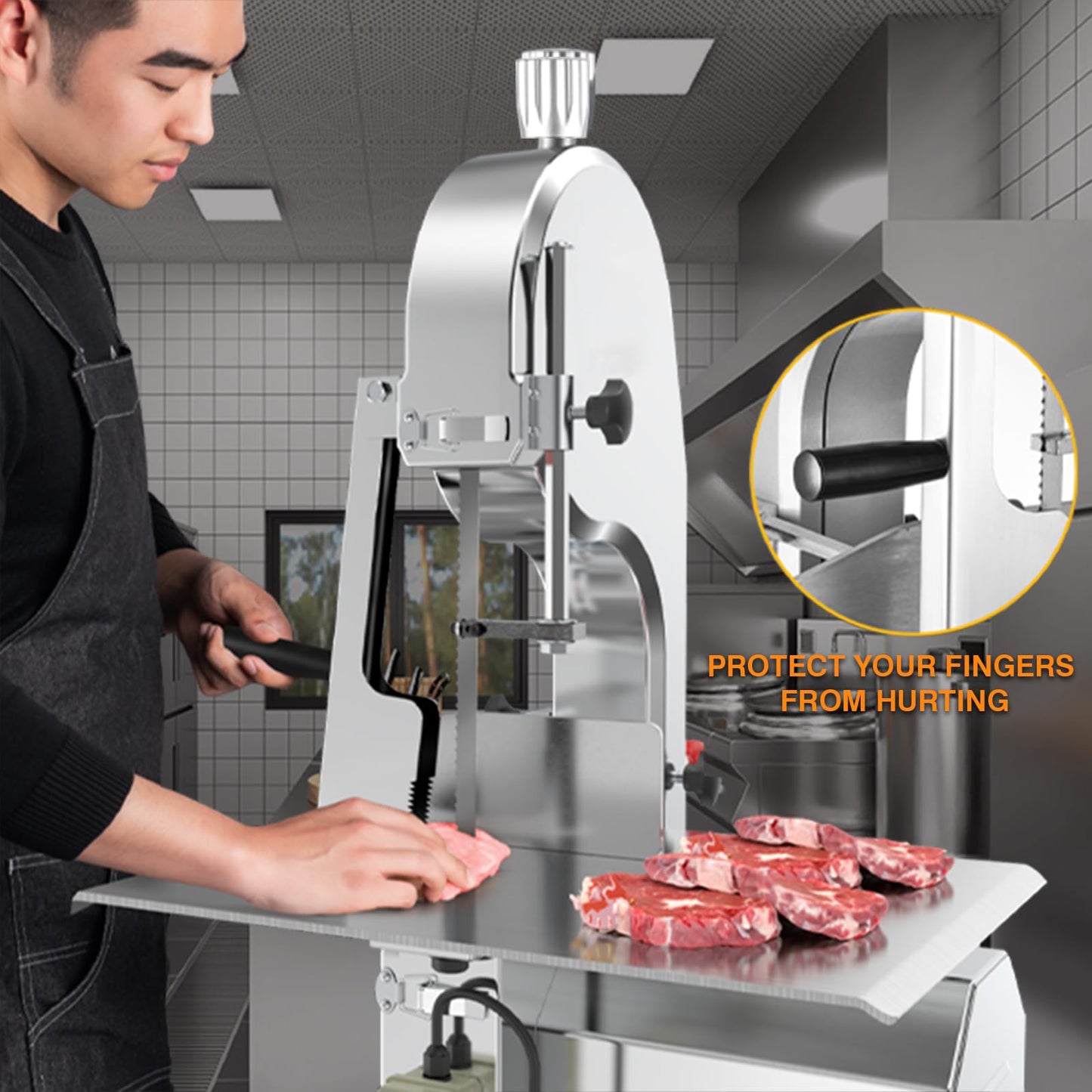 1100W Electric Bone Saw Machine Commercial Electric Meat Bandsaw for Butchering, 18.8" x 14.9" Workbench, 0.4-7.1 Inch Cutting Thickness, Table Sawing for Cutting Rib, Frozen Meat with 5 Saw Blades