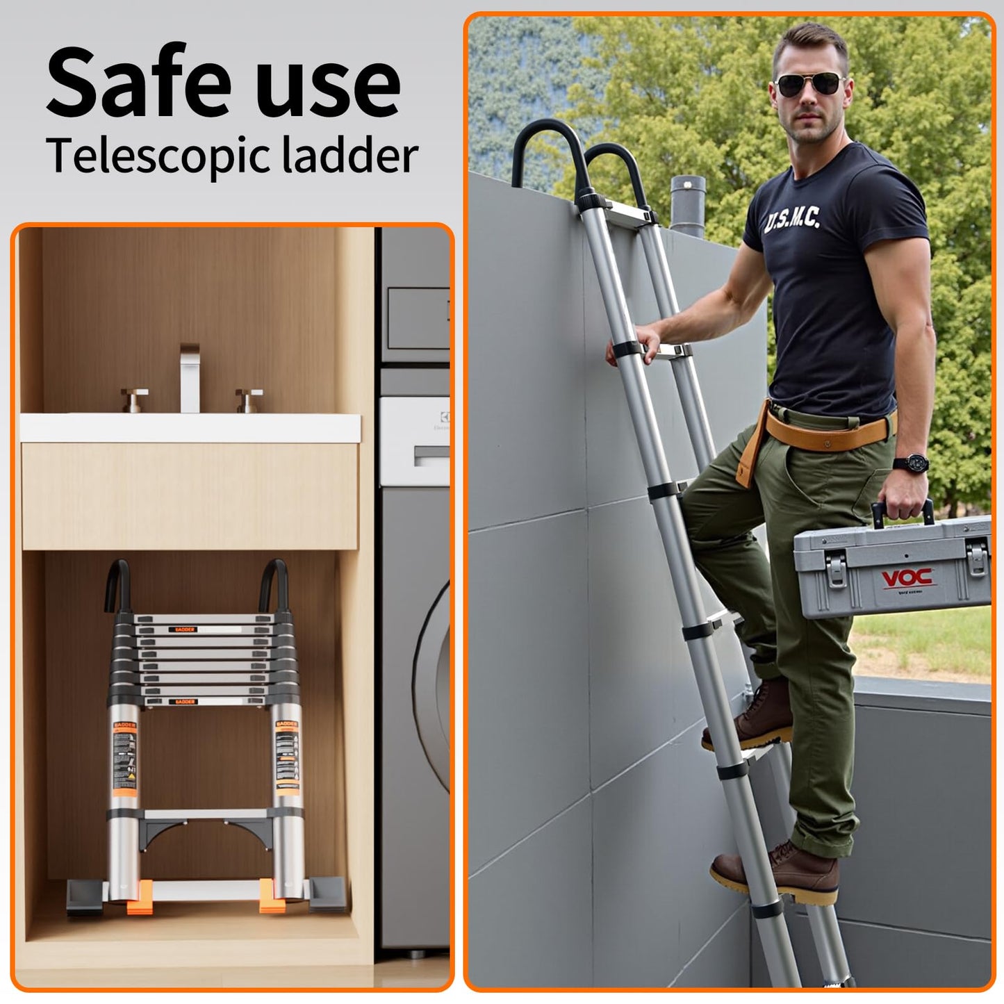 Telescoping Ladder,Aluminum Ladder with stabilizer bar,Lightweight Multi-Purpose Extension Ladder,Heavy Duty 330lbs Max Capacity,Collapsible for RV or Outdoor (16.5FT)