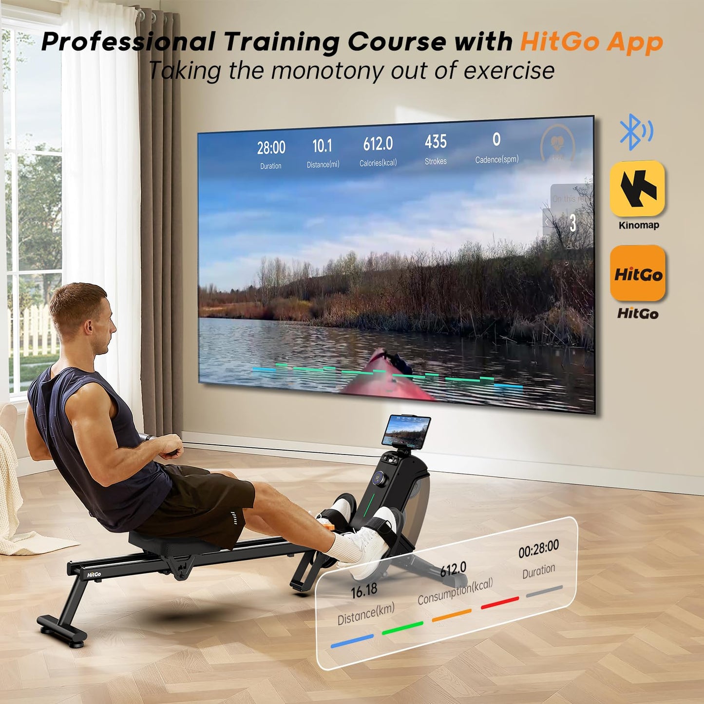 Magnetic Rowing Machine with 32-Level Electromagnetic Resistance, Dual Rail Design, Smart LED Feedback & App Integration, Foldable Quiet Rowing Rower for Home Gym