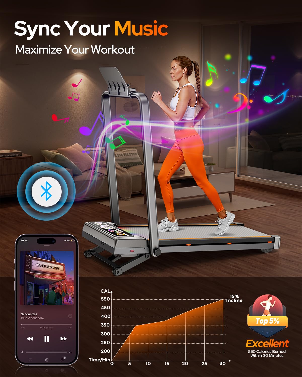 Walking Pad with 15% 12-Level Auto Incline & Handle Bar, Trisomy 3.5HP Foldable Under Desk Treadmill, 450 LBS Capacity Treadmills for Home Hiking with UI Screen, Bluetooth Speaker, Remote, RGB Light