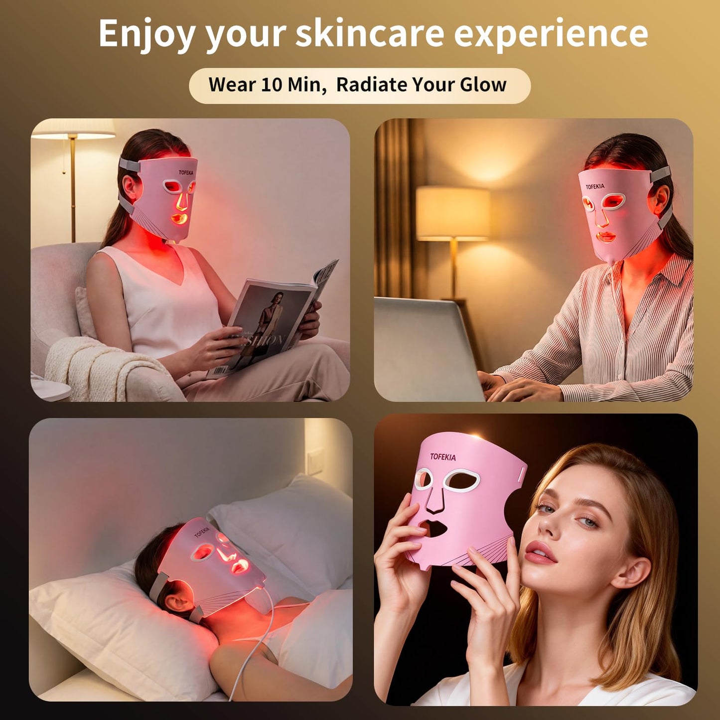 TOFEKIA FDA-Cleared Red Light Therapy Mask for Face – 3 Modes for Acne and Wrinkles, 5 Intensity Levels，850nm Infrared Led Light Therapy Device, Pink